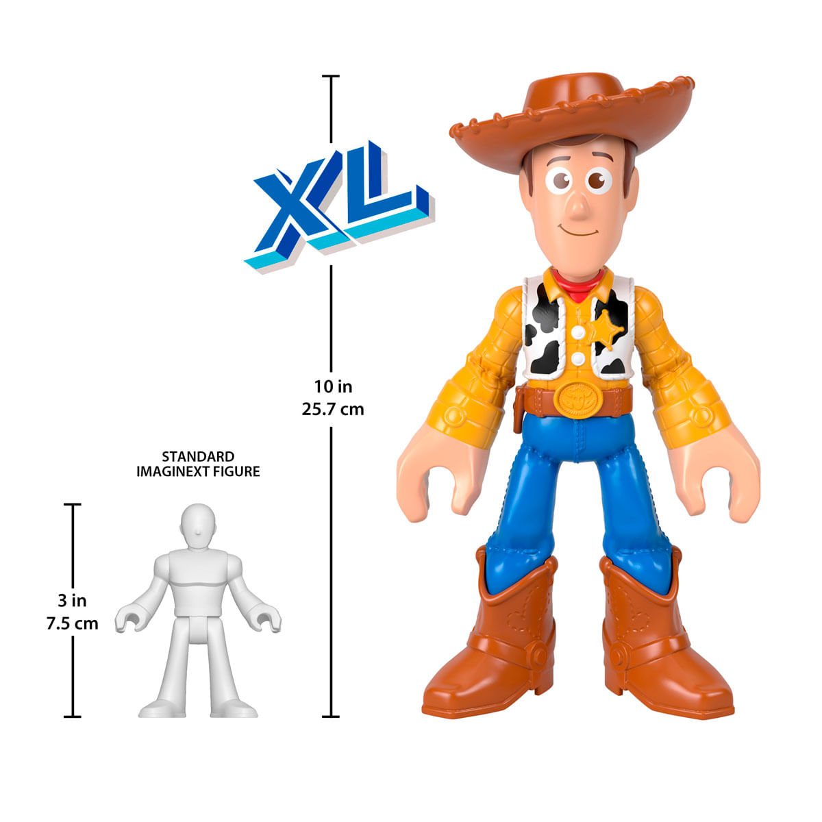 Figura XL de Woody, 25,7 cm, junto a una figura estándar de 7,5 cm.