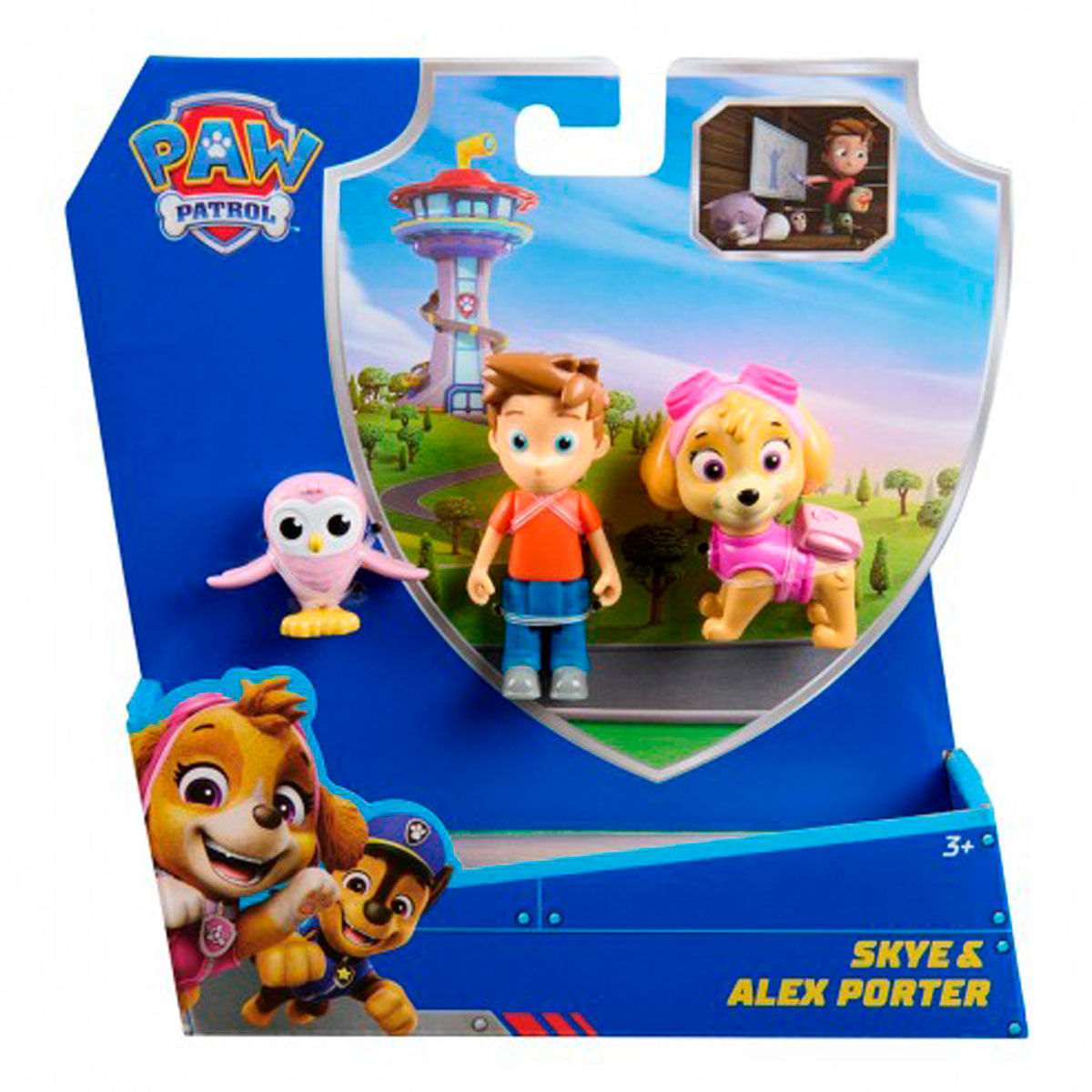 Set de juguetes Paw Patrol con Alex Porter, Skye, un búho y una torre.