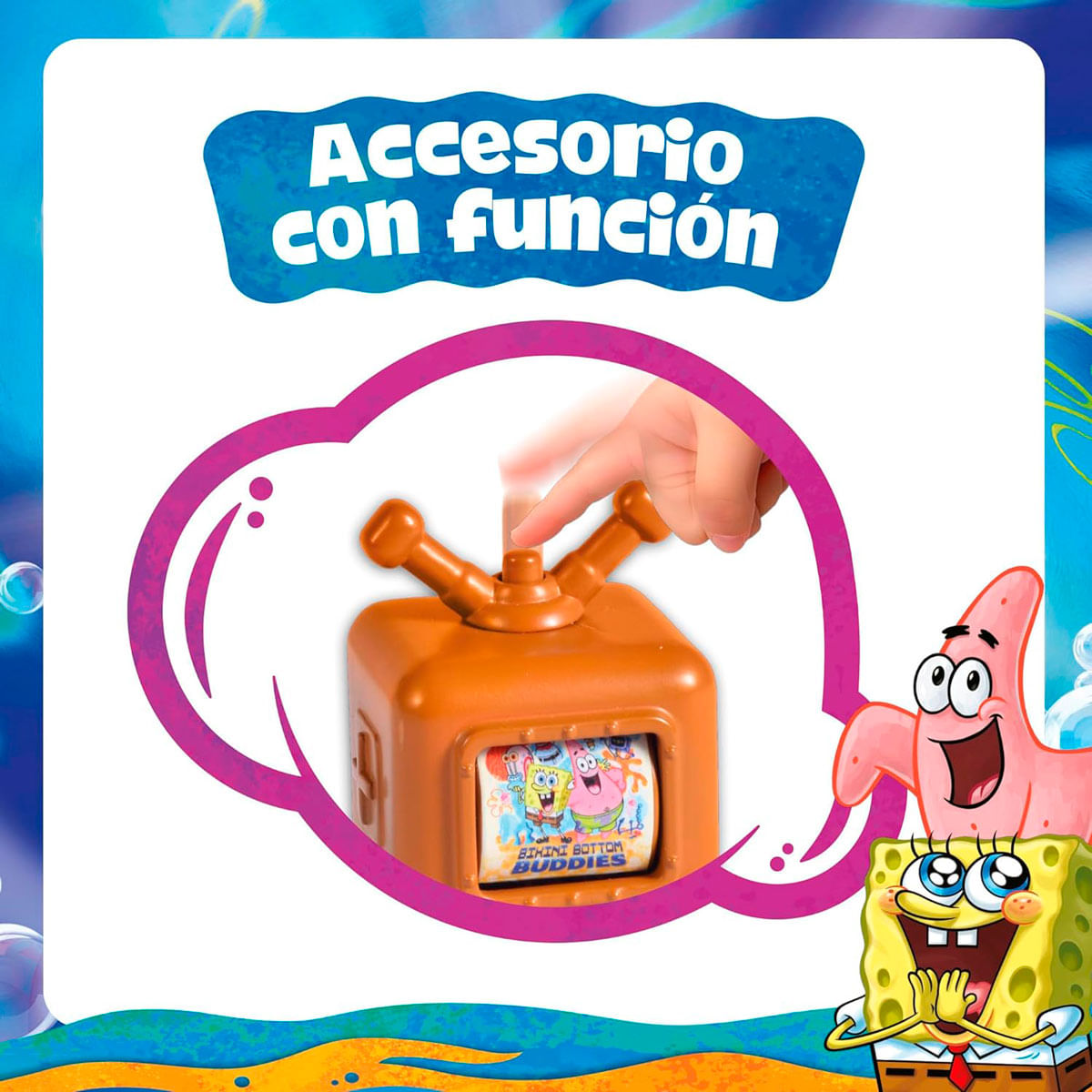 Bob Esponja y Patricio junto a un televisor de juguete naranja con 'Bikini Bottom Buddies'.