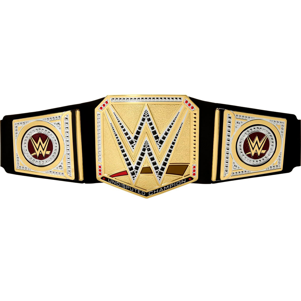 Un cinturón de campeonato de WWE dorado con texto 'Undisputed Champion'.