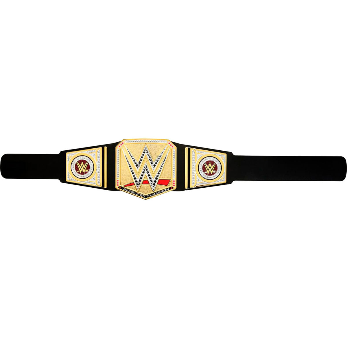 Un cinturón de campeonato WWE dorado con correa negra, con el logo 'Undisputed Champion'.