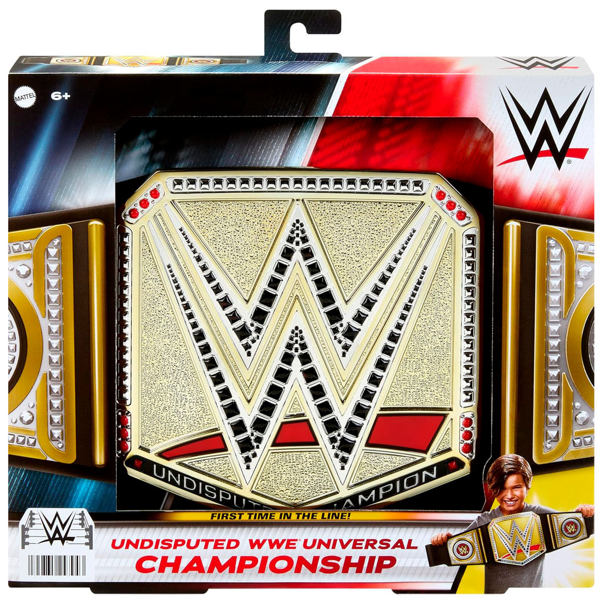 Cinturón de Campeón Universal WWE en dorado y plateado con detalles rojos en empaque.