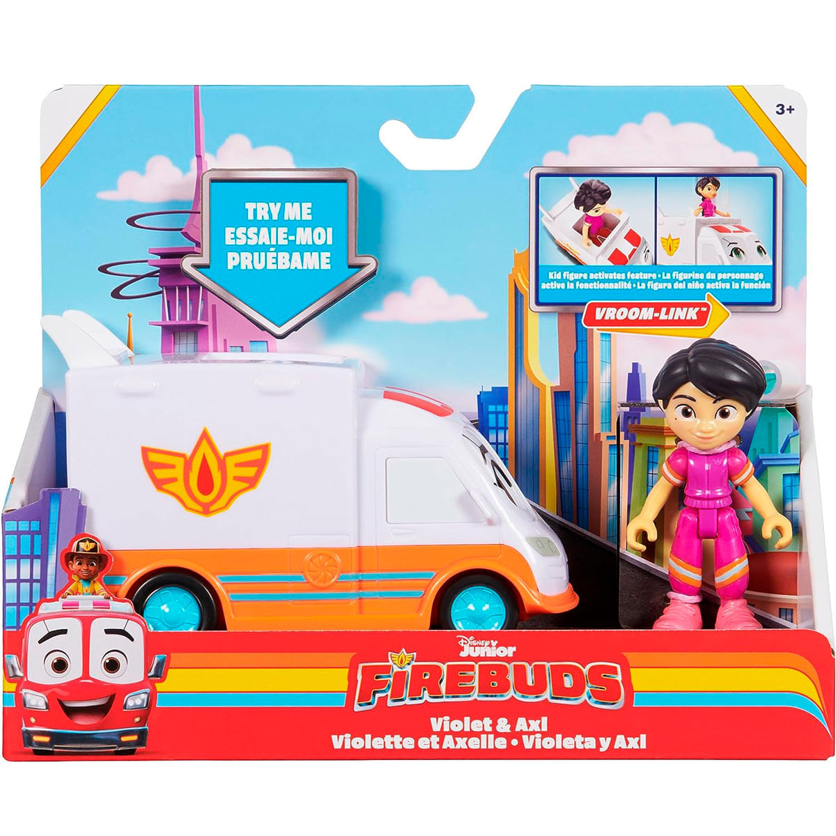 Set de juguetes Firebuds con ambulancia blanca, figura y camión de bomberos rojo.