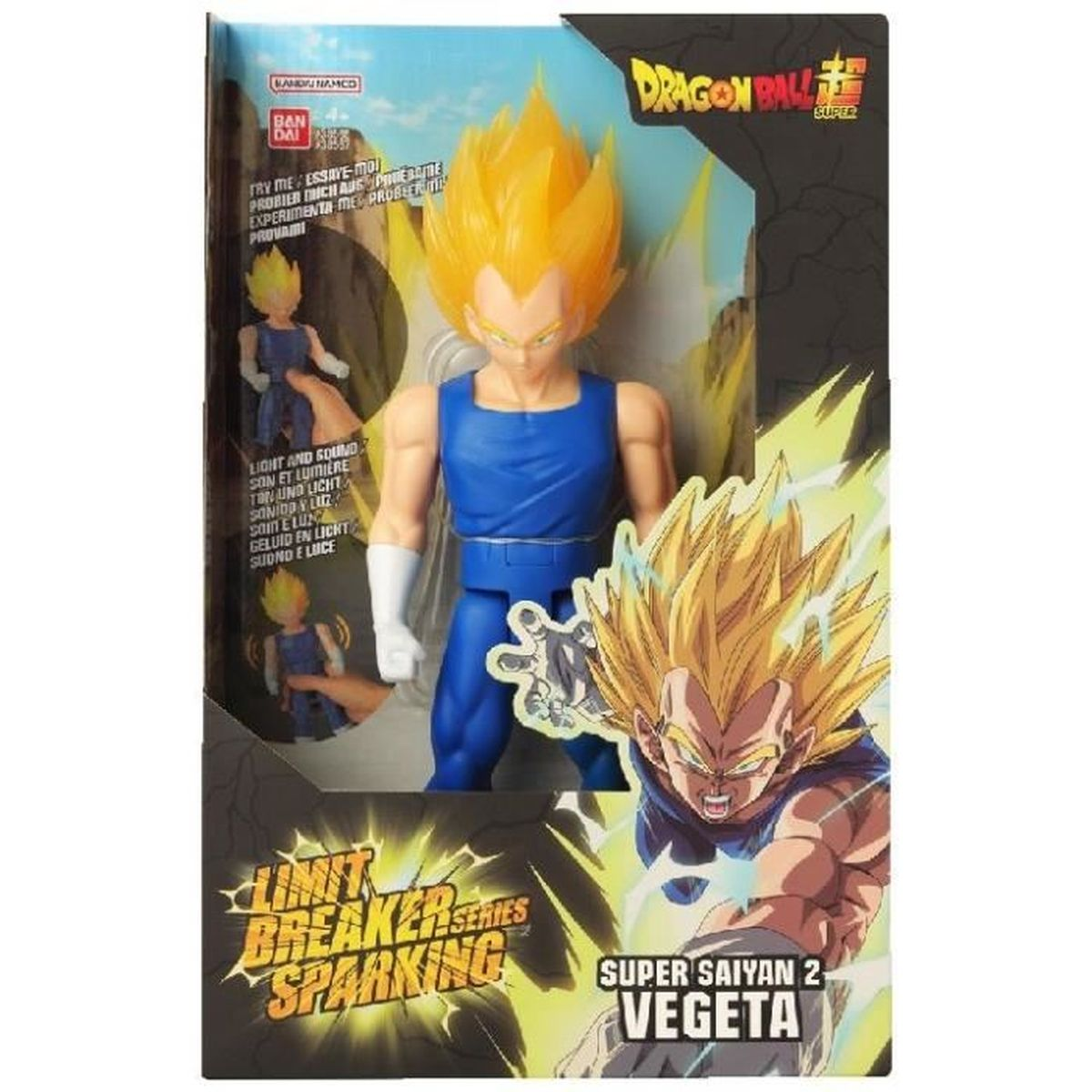 Figura Dragon Ball Super: Vegeta en Super Saiyan 2, en su embalaje.
