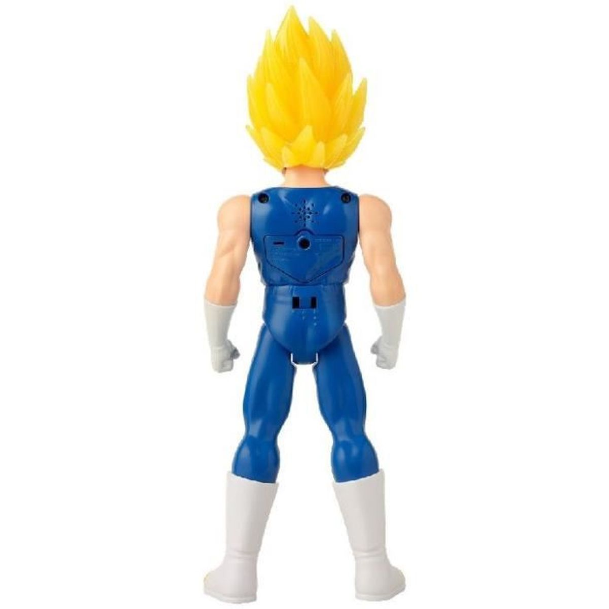 Vista trasera de una figura azul con pelo amarillo y botas blancas.