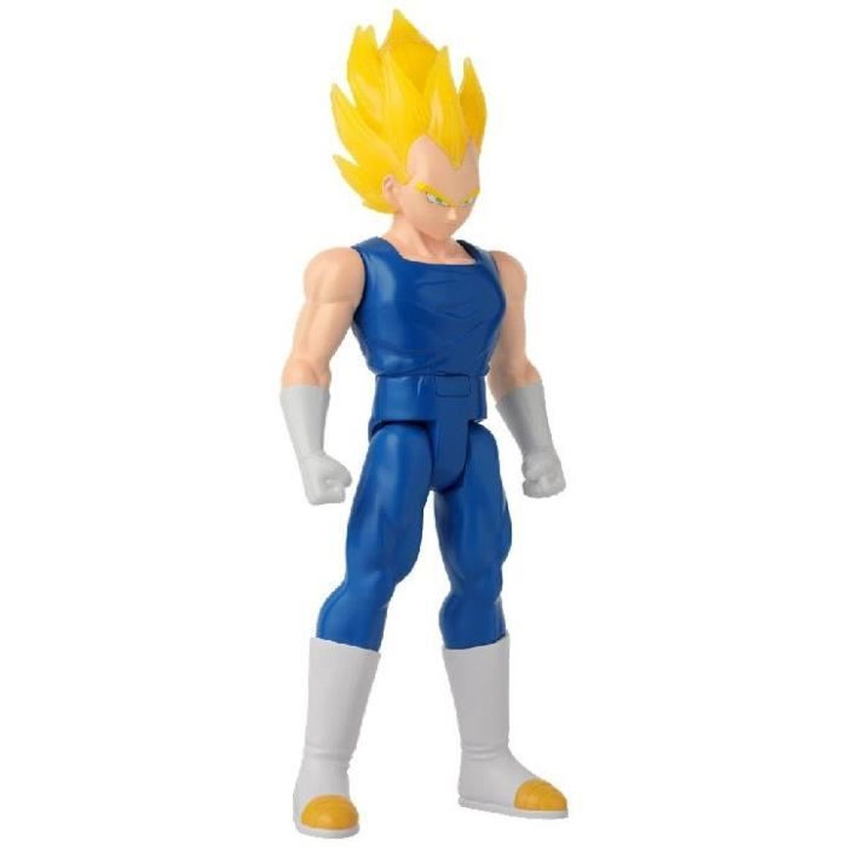 Una figura de acción de Vegeta de Dragon Ball Z con pelo amarillo y atuendo azul.