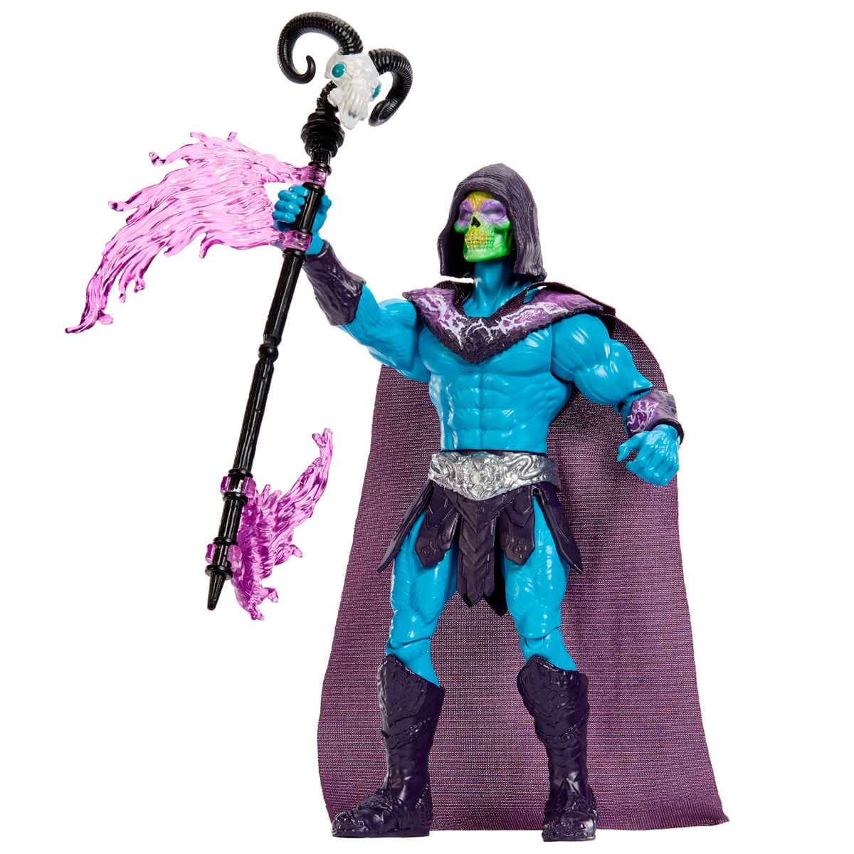 Figura esquelética azul con cara verde, capa morada, sosteniendo un bastón con calavera y cuernos.