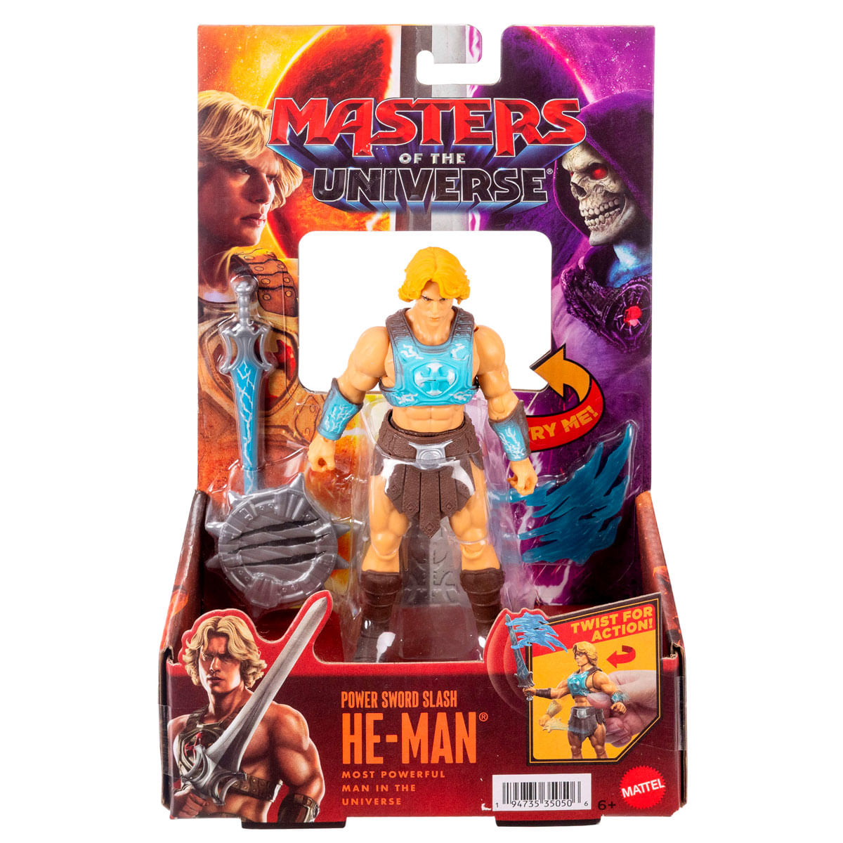 Figura de acción He-Man de Masters of the Universe en caja con accesorios.