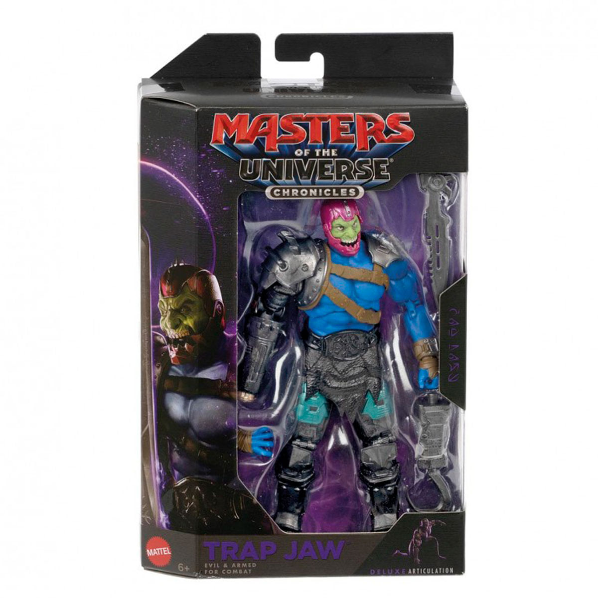 Figura de acción Masters of the Universe Trap Jaw en empaque con fondo morado.