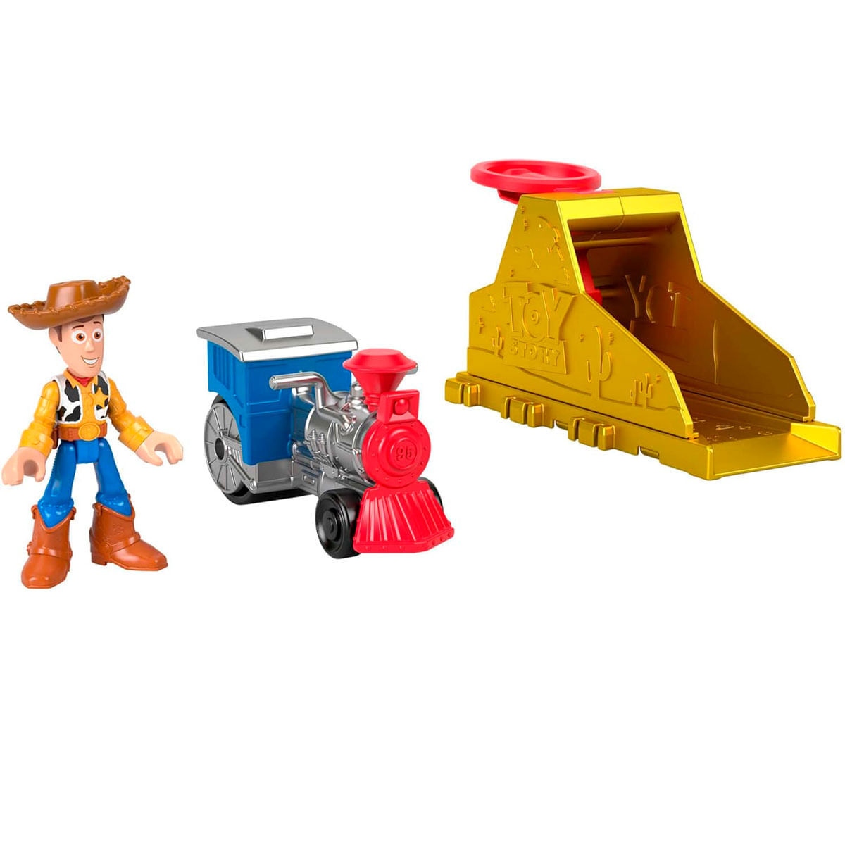 Figura de Woody, tren azul con locomotora roja y lanzador dorado de Toy Story.