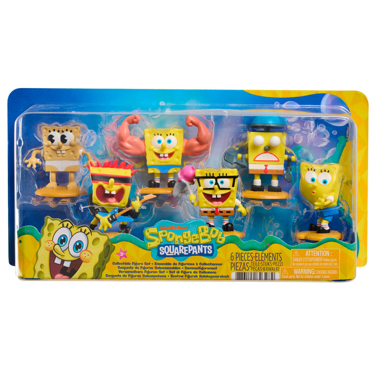 Set de figuras coleccionables de Bob Esponja con seis figuras diferentes en empaque.