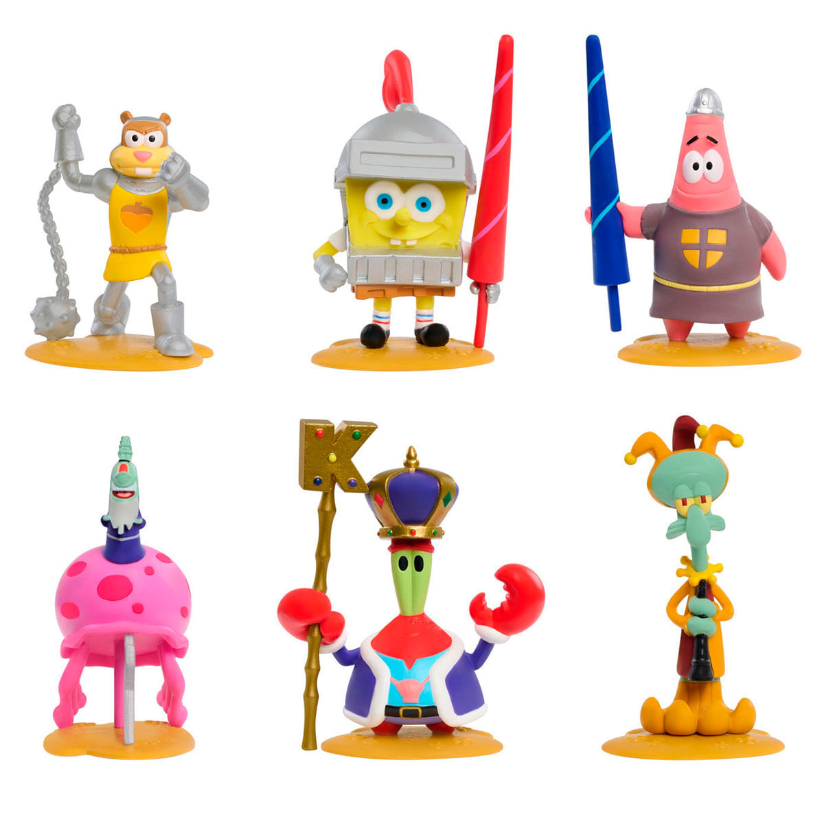 Seis personajes de Bob Esponja vestidos de caballeros y reyes en bases amarillas.
