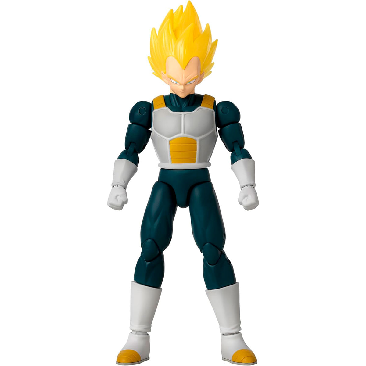 Figura de acción de Vegeta con armadura de combate y pelo amarillo.