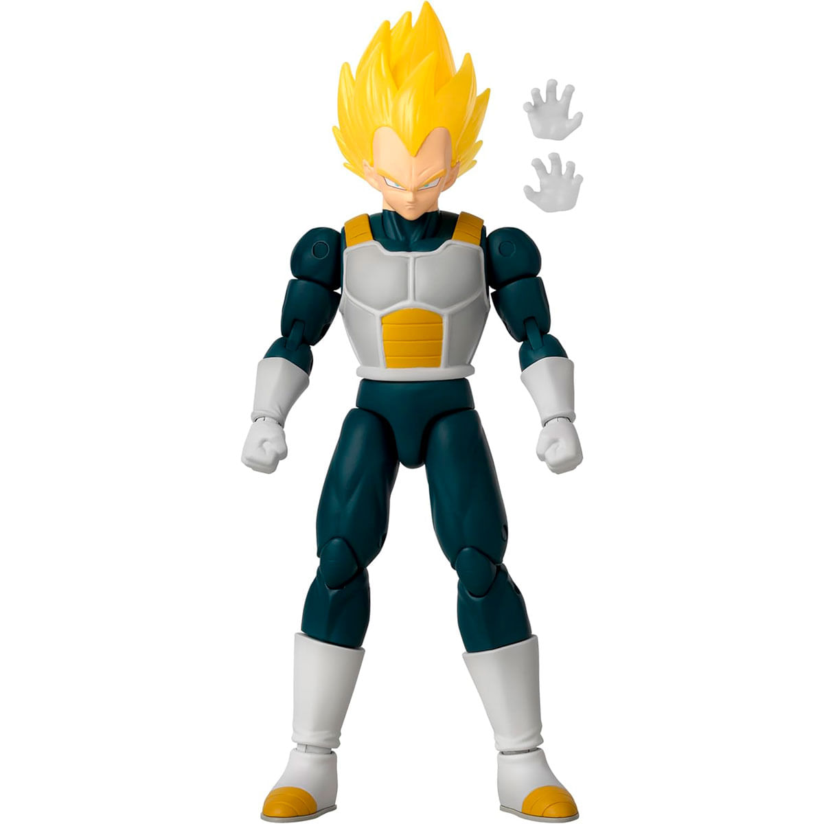 Figura de acción de Vegeta con pelo amarillo, armadura blanca y ropa azul.