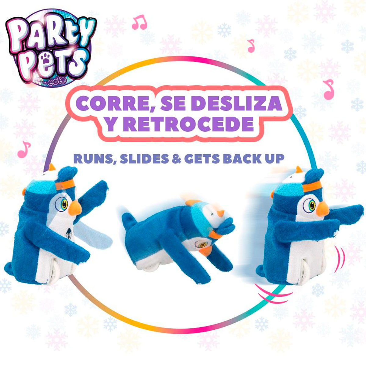 Tres pingüinos de peluche en movimiento, con texto 'Runs, Slides & Gets Back Up'.