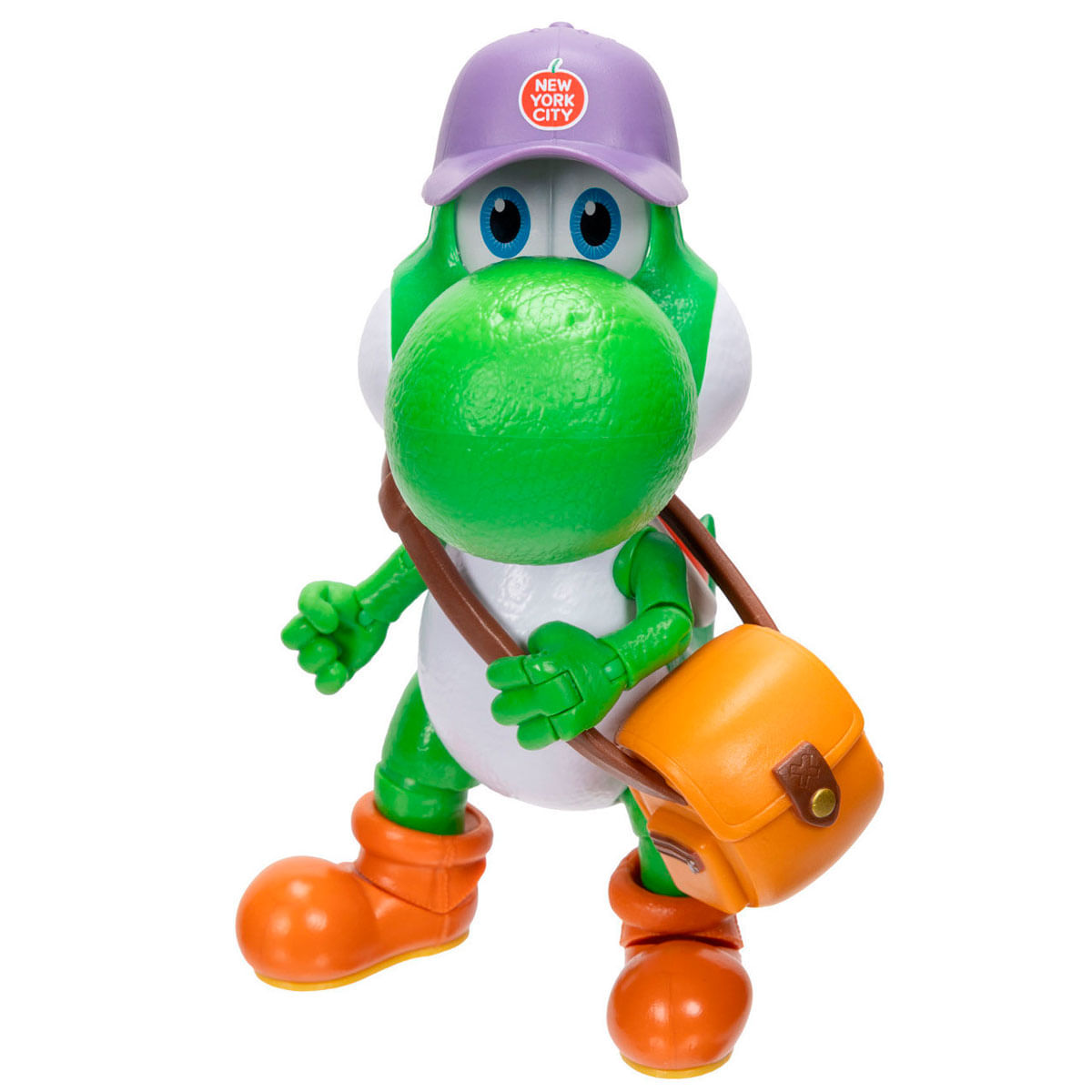 Figura verde de Yoshi con gorra morada y bolso naranja sobre fondo blanco.