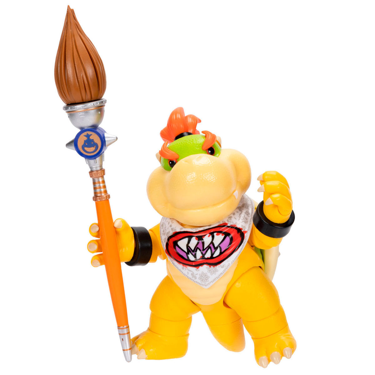 Figura de Bowser Jr. con bastón de pincel, pañuelo blanco, cuerpo amarillo.