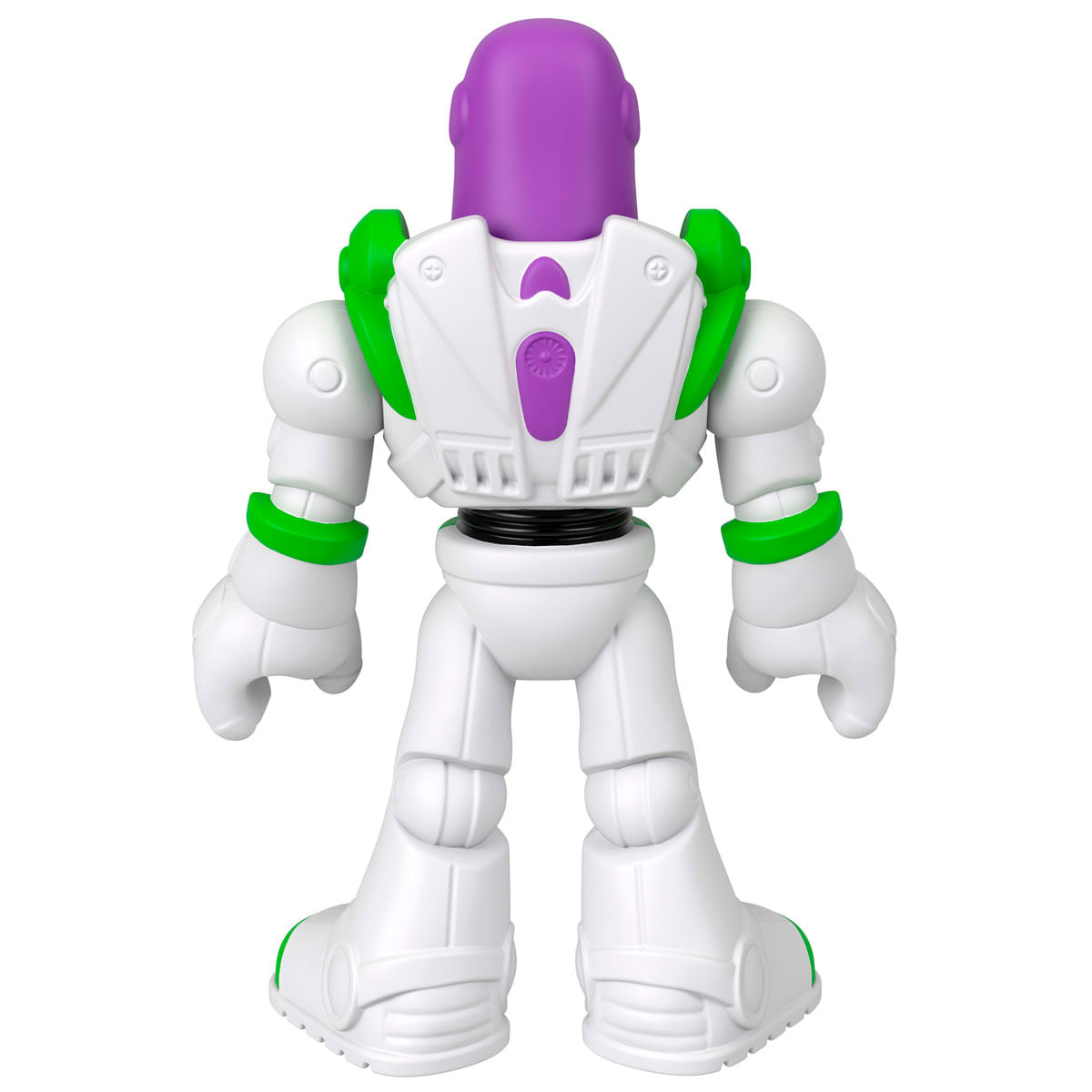 Vista trasera de Buzz Lightyear con cabeza morada, traje blanco y acentos verdes.