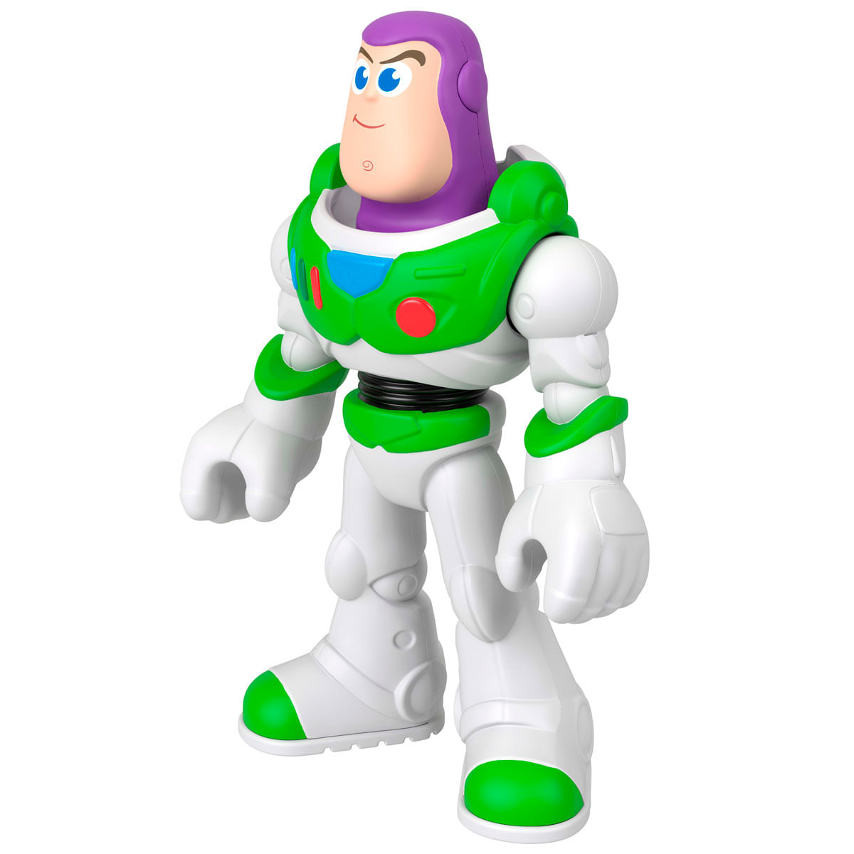 Figura de juguete de Buzz Lightyear en blanco y verde con cabeza morada.