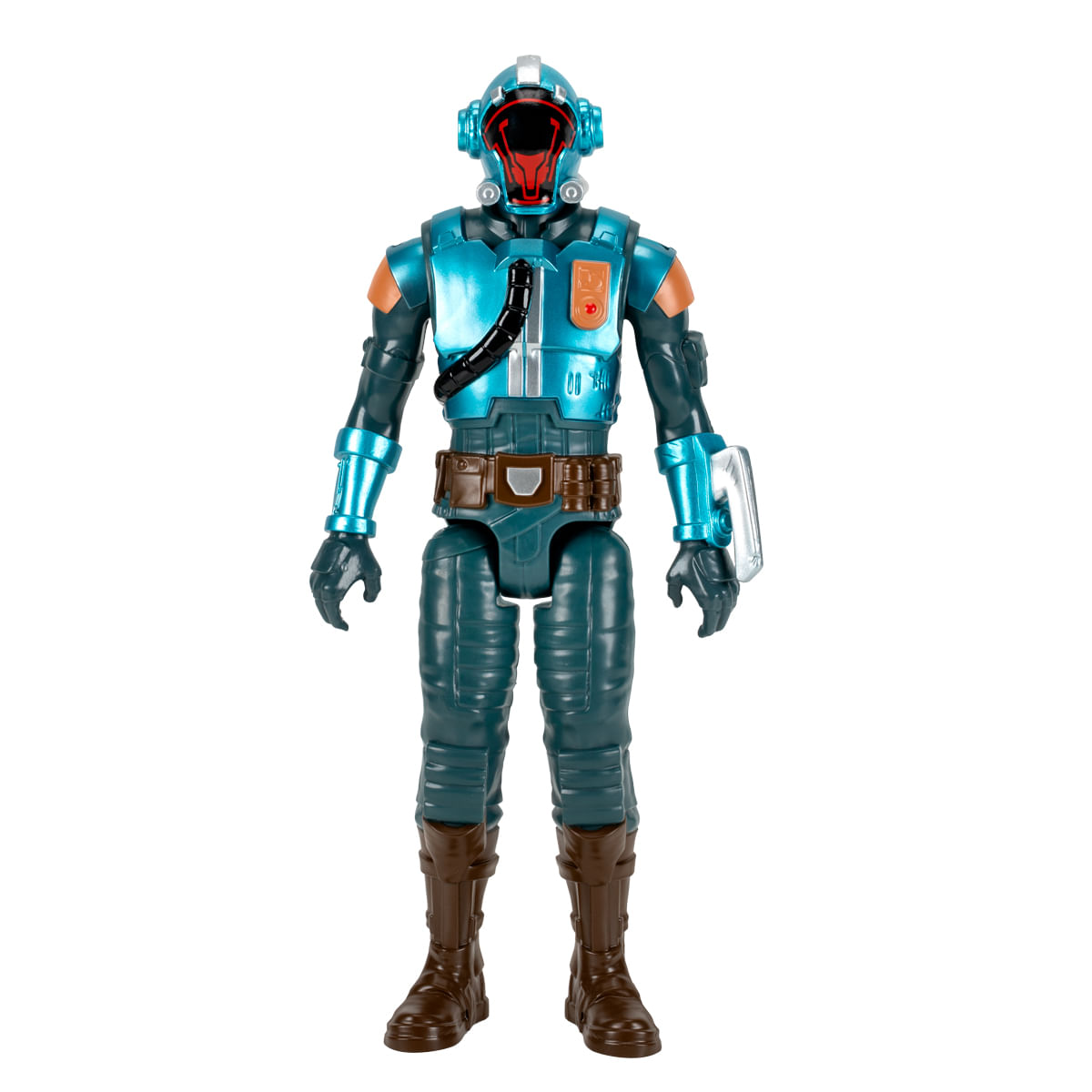 Figura de acción azul y marrón con casco y acentos rojos, vista frontal.
