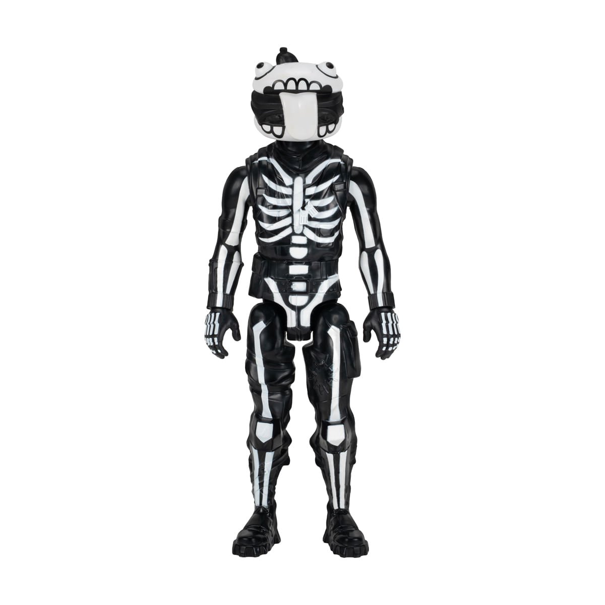 Una figura de acción en blanco y negro con patrón de esqueleto y cabeza de calavera.