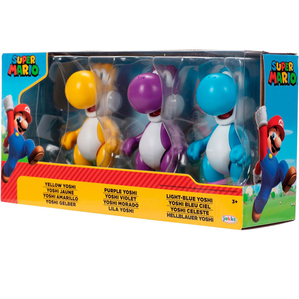 Juguetes Super Mario: Figuras de Yoshi amarillo, morado y azul claro.
