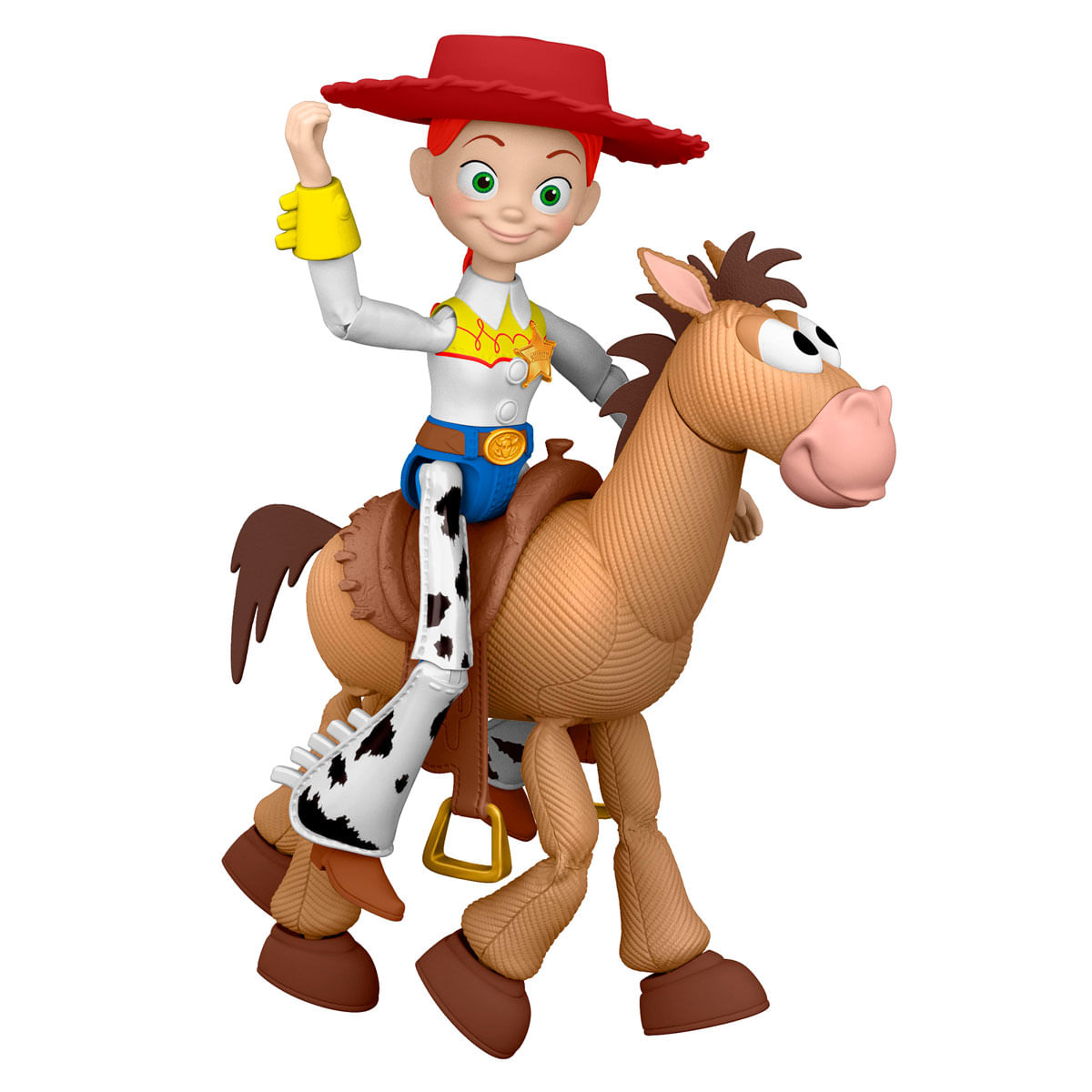 Jessie se sienta en Toro, lleva un sombrero rojo y un chaleco de vaquera.
