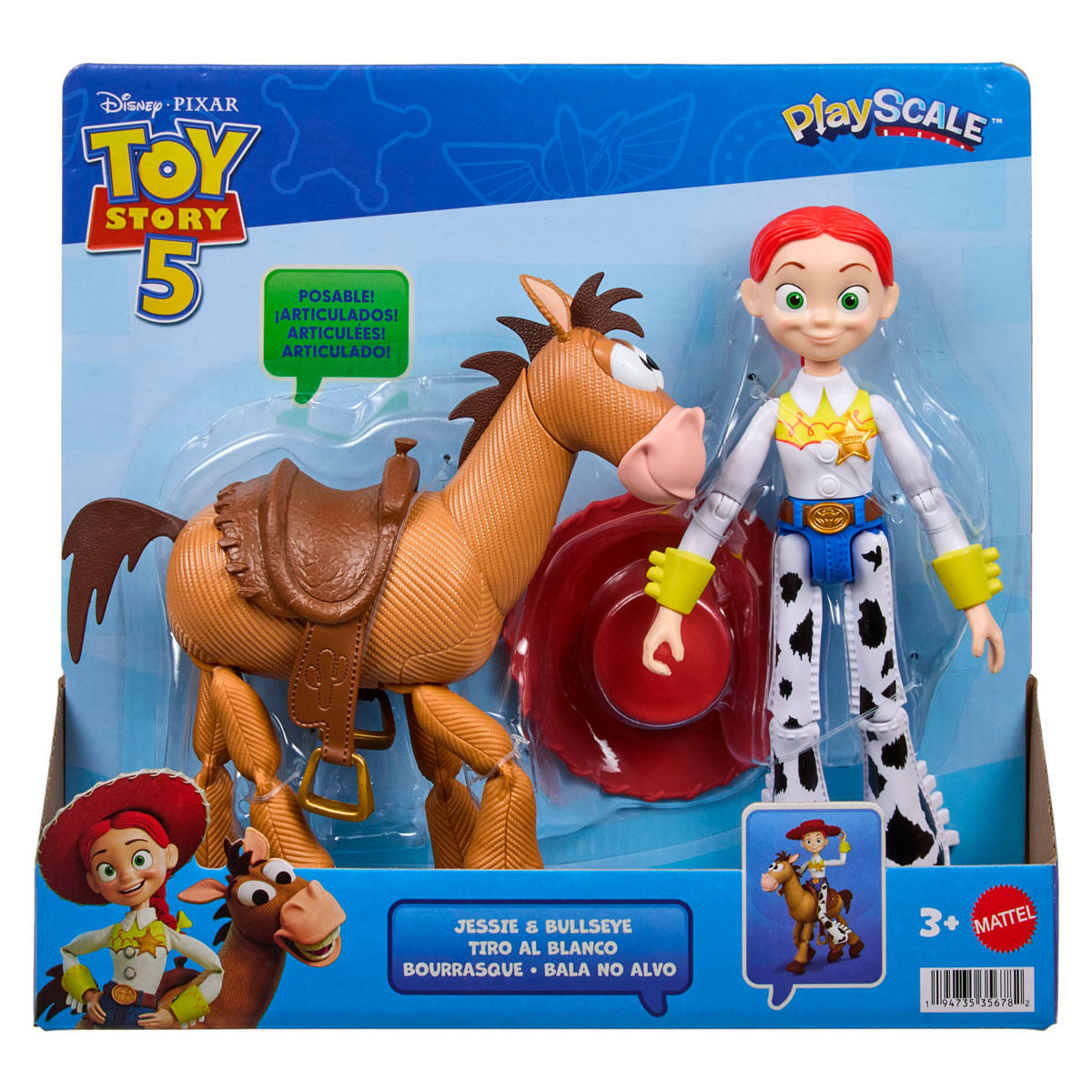 Figuras de acción Jessie y Bullseye de Toy Story 5 en empaque.