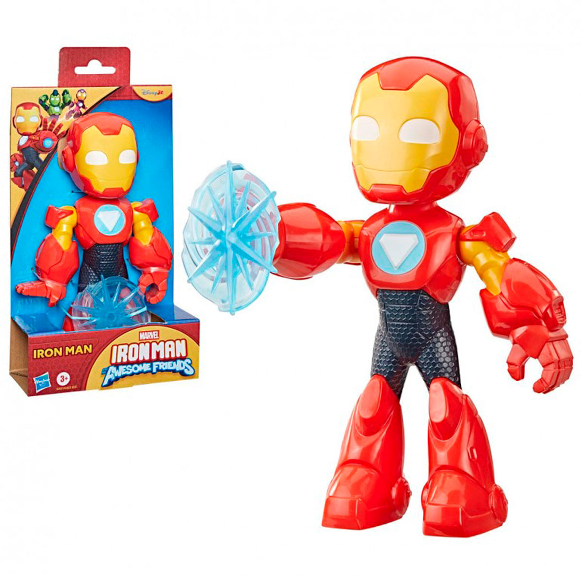 Figura roja y amarilla de Iron Man con disco de energía azul y empaque.