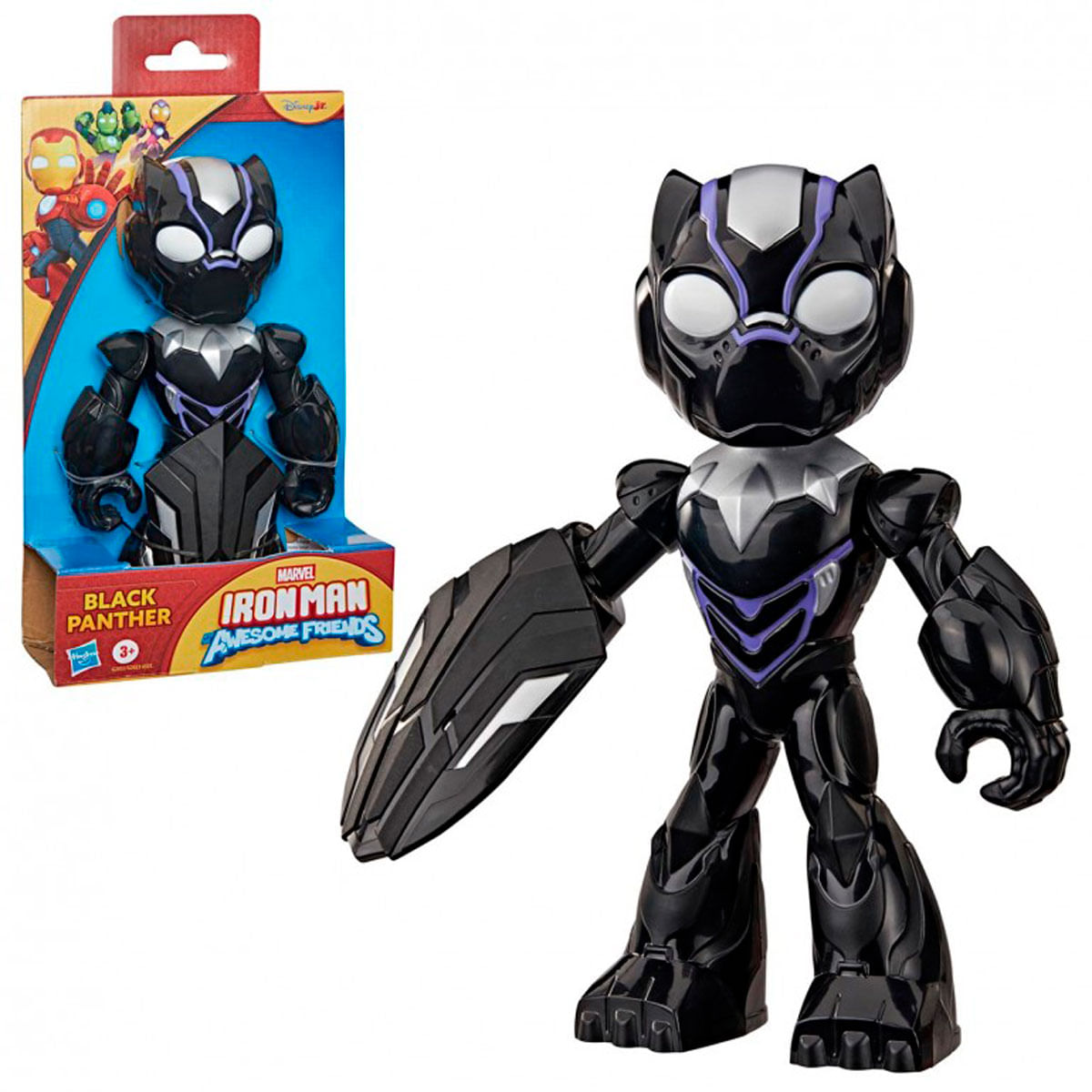 Figura de acción Black Panther con escudo, en caja y a su lado.