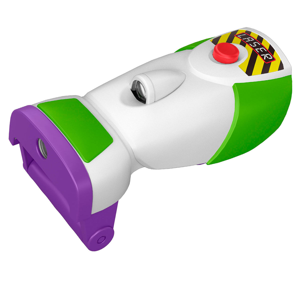 Pistola láser de juguete blanca con detalles morados, verdes y amarillos y un botón rojo.