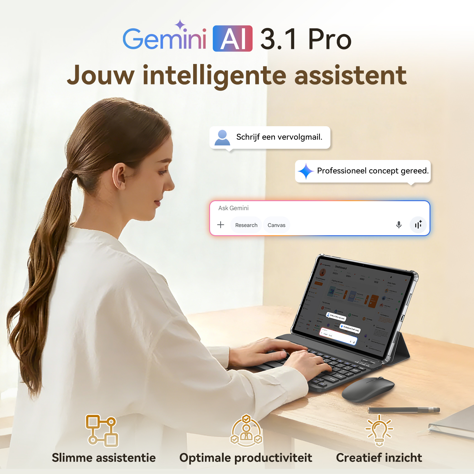Woman types on a tablet with keyboard, Gemini AI 3.1 Pro is open.