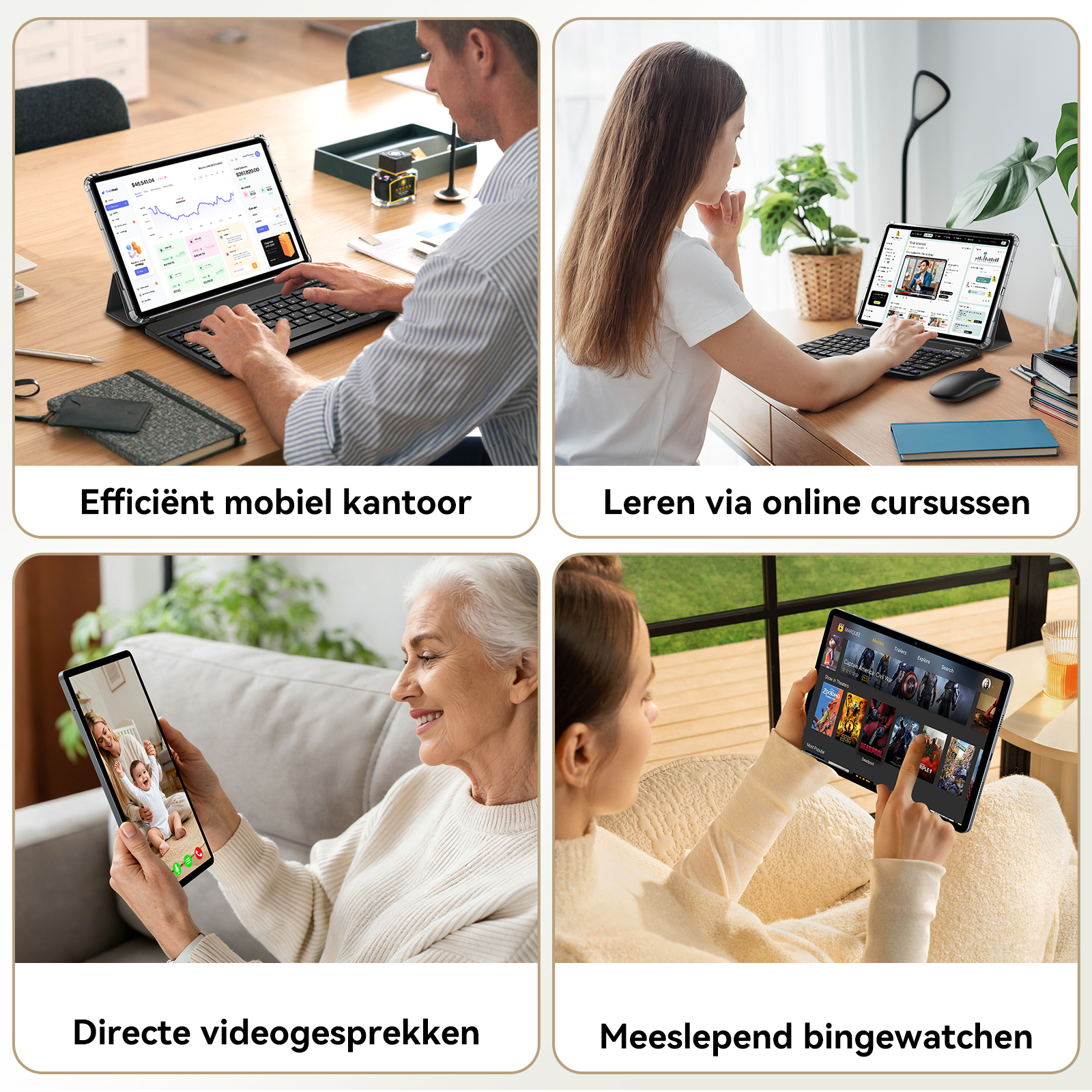 Man types on tablet with keyboard, woman learns online, grandma via video, woman watches movies.