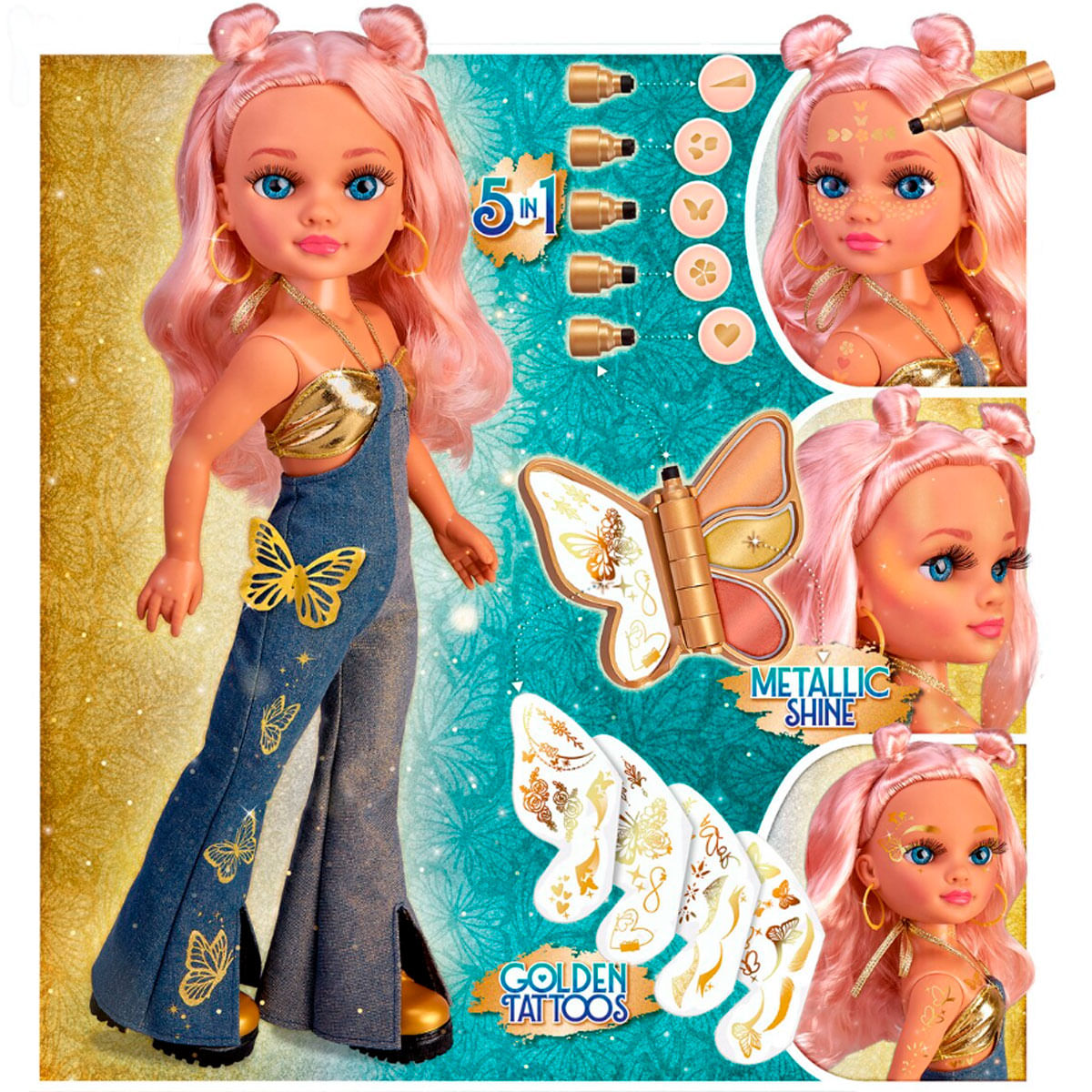 Muñeca con pelo rosa, peto vaquero y tatuajes dorados de mariposa.