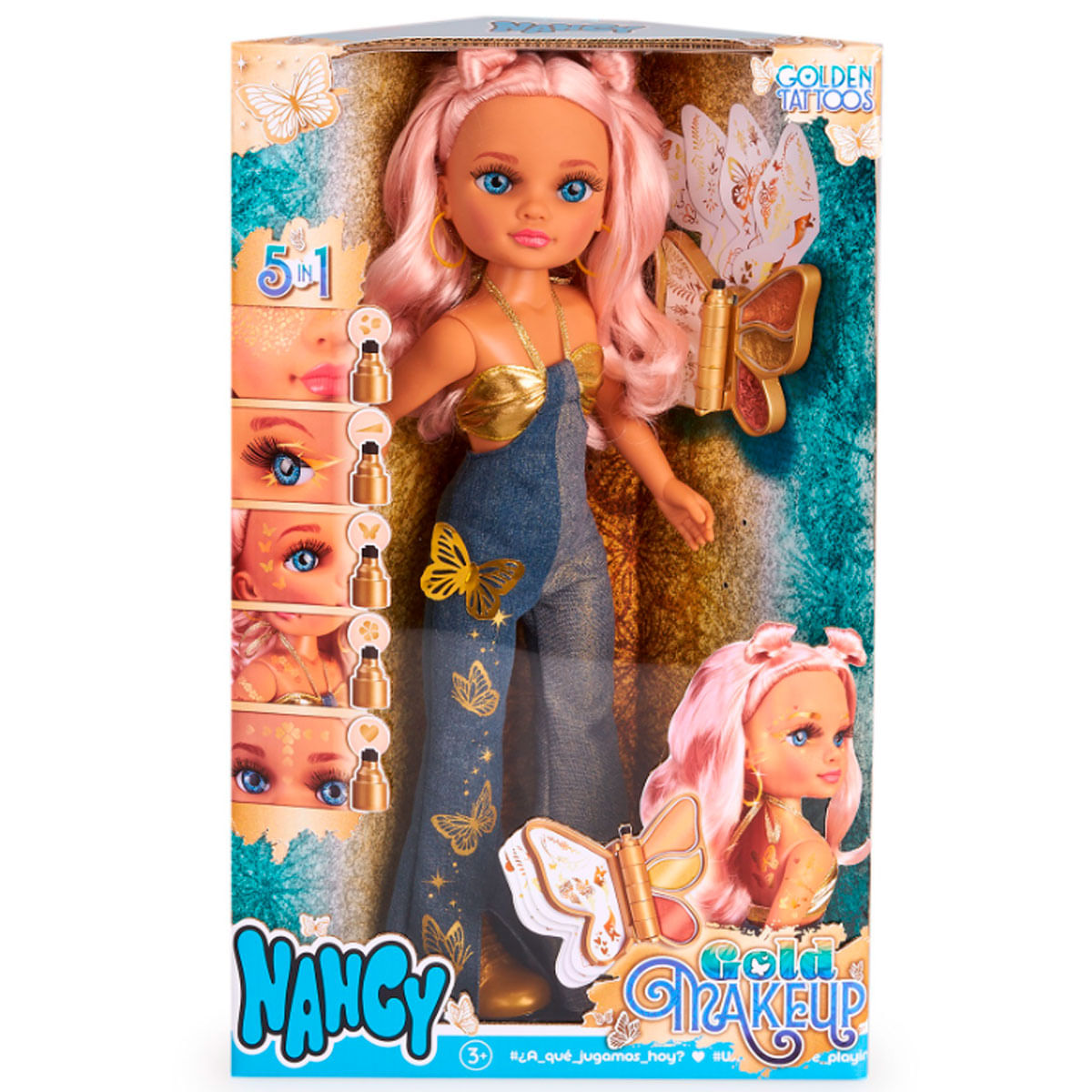 Muñeca Nancy con pelo rosa en peto vaquero, detalles de mariposas, acentos dorados y expositor de maquillaje.