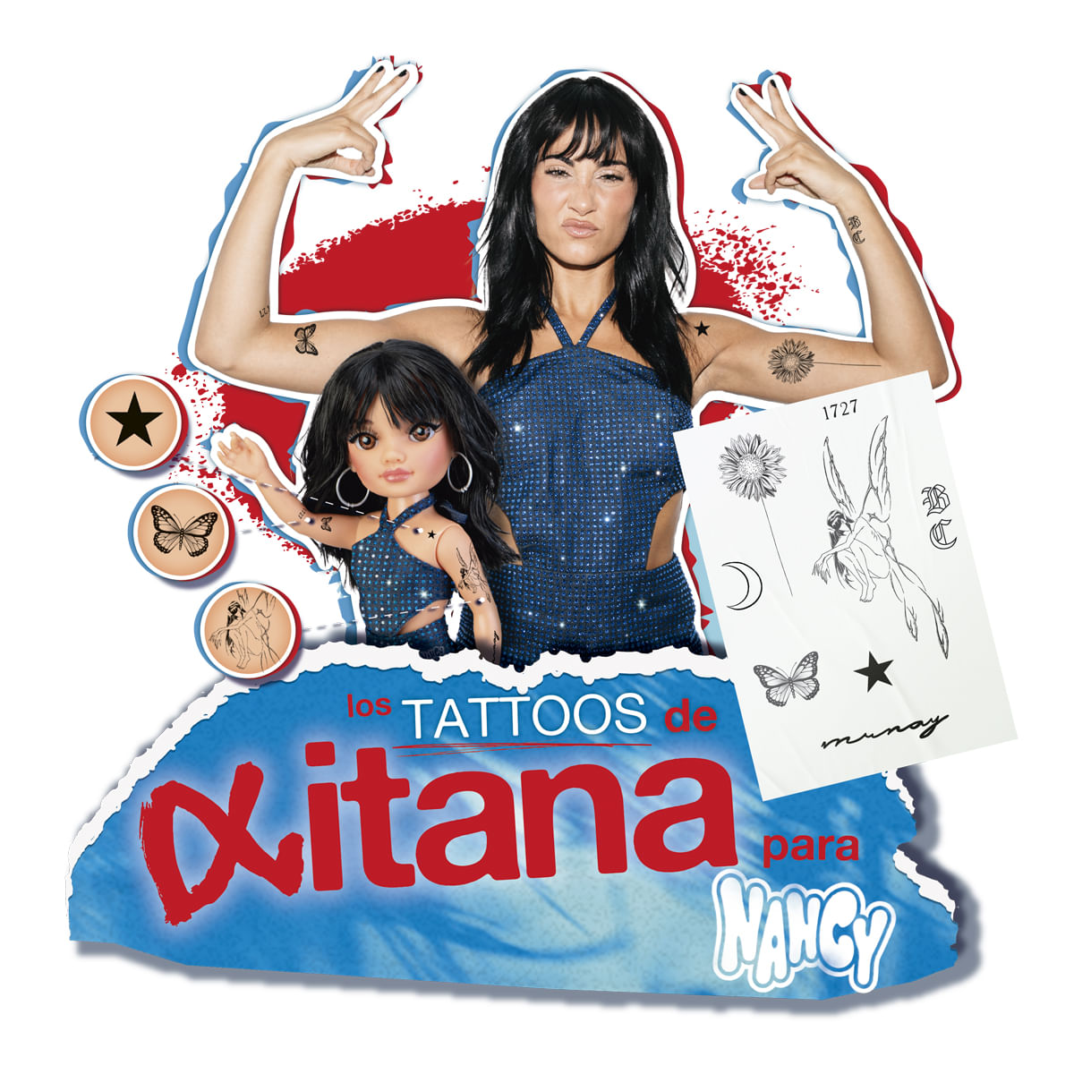 Una mujer y una muñeca con trajes brillantes, junto a una hoja de tatuajes con mariposas.