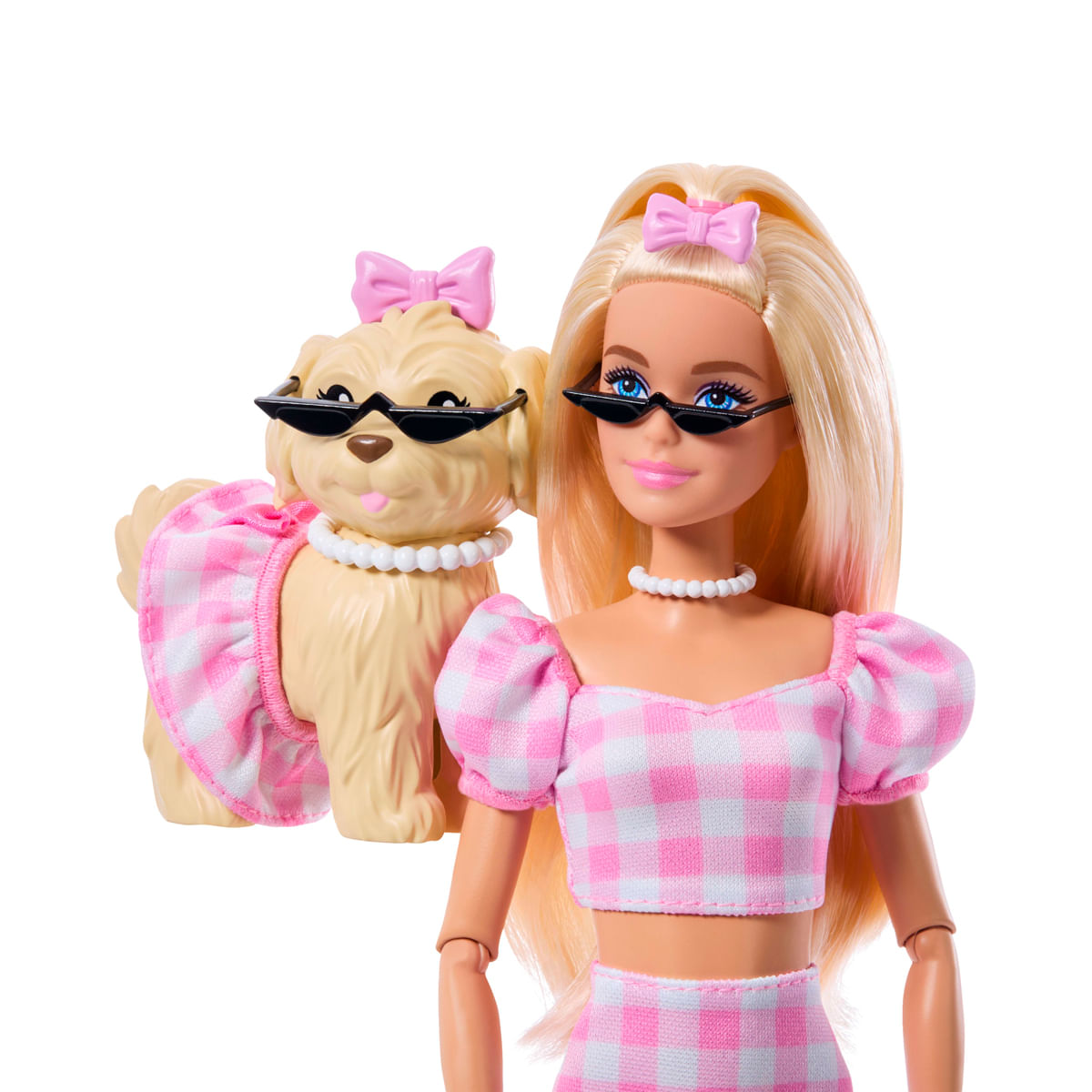 Una muñeca Barbie y un perro llevan conjuntos a juego a cuadros rosas y blancos y gafas de sol.