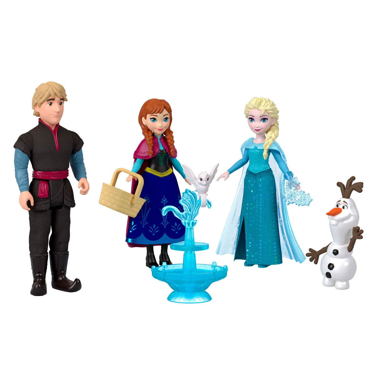 Kristoff, Anna, Elsa, un pájaro, una fuente y Olaf están juntos.