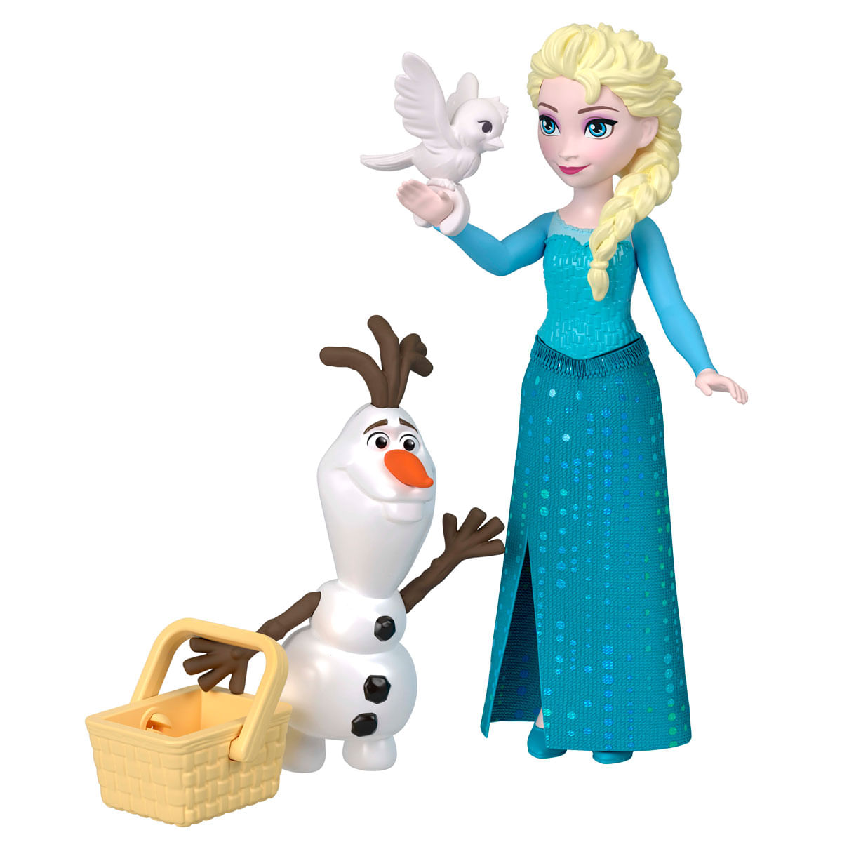 Elsa con pájaro y Olaf con cesta, aislado.