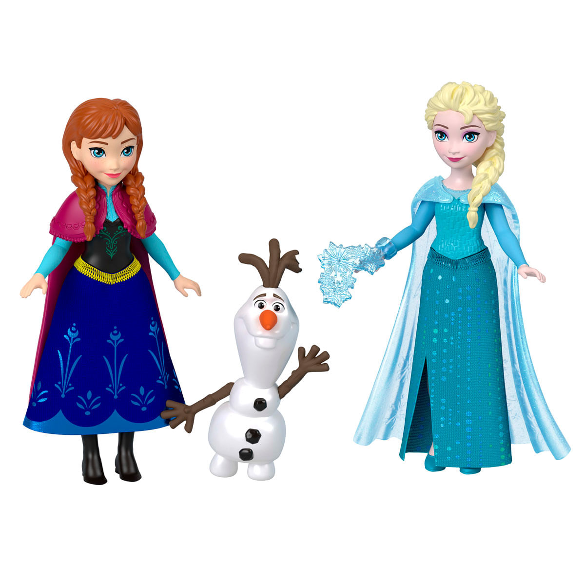 Anna, Olaf y Elsa están juntos sobre un fondo blanco.