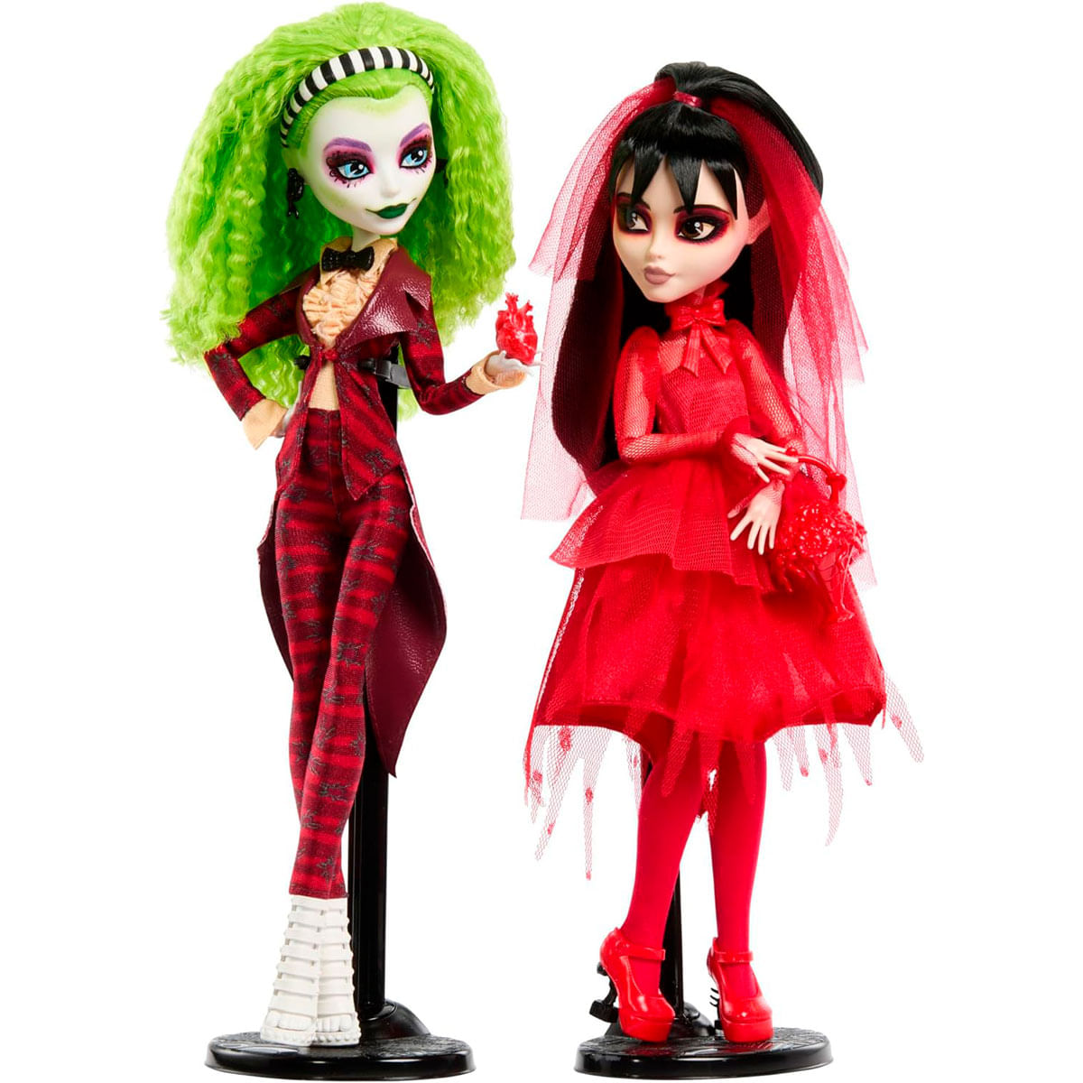 Dos muñecas con trajes rojos. Una tiene pelo verde, la otra negro. Ambas llevan tacones.