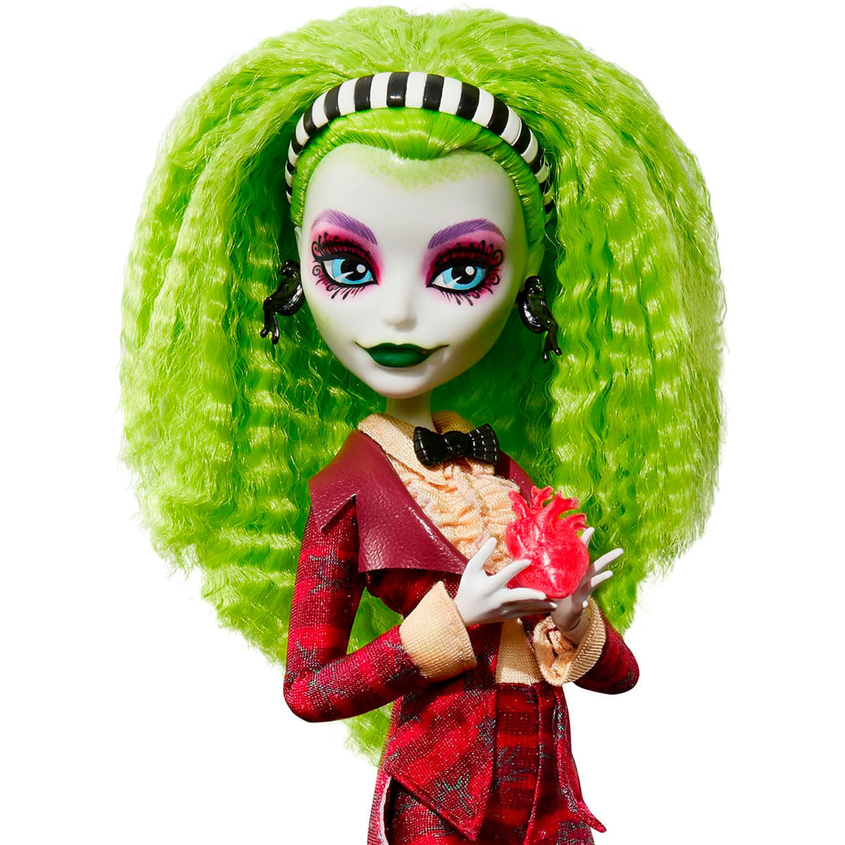 Pelo verde, piel blanca, ropa roja, sosteniendo un corazón.