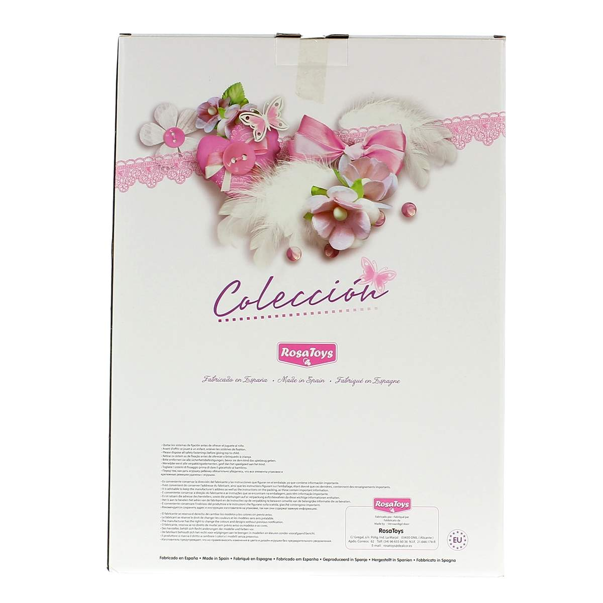 Embalaje Colección RosaToys con flores, mariposas y plumas.