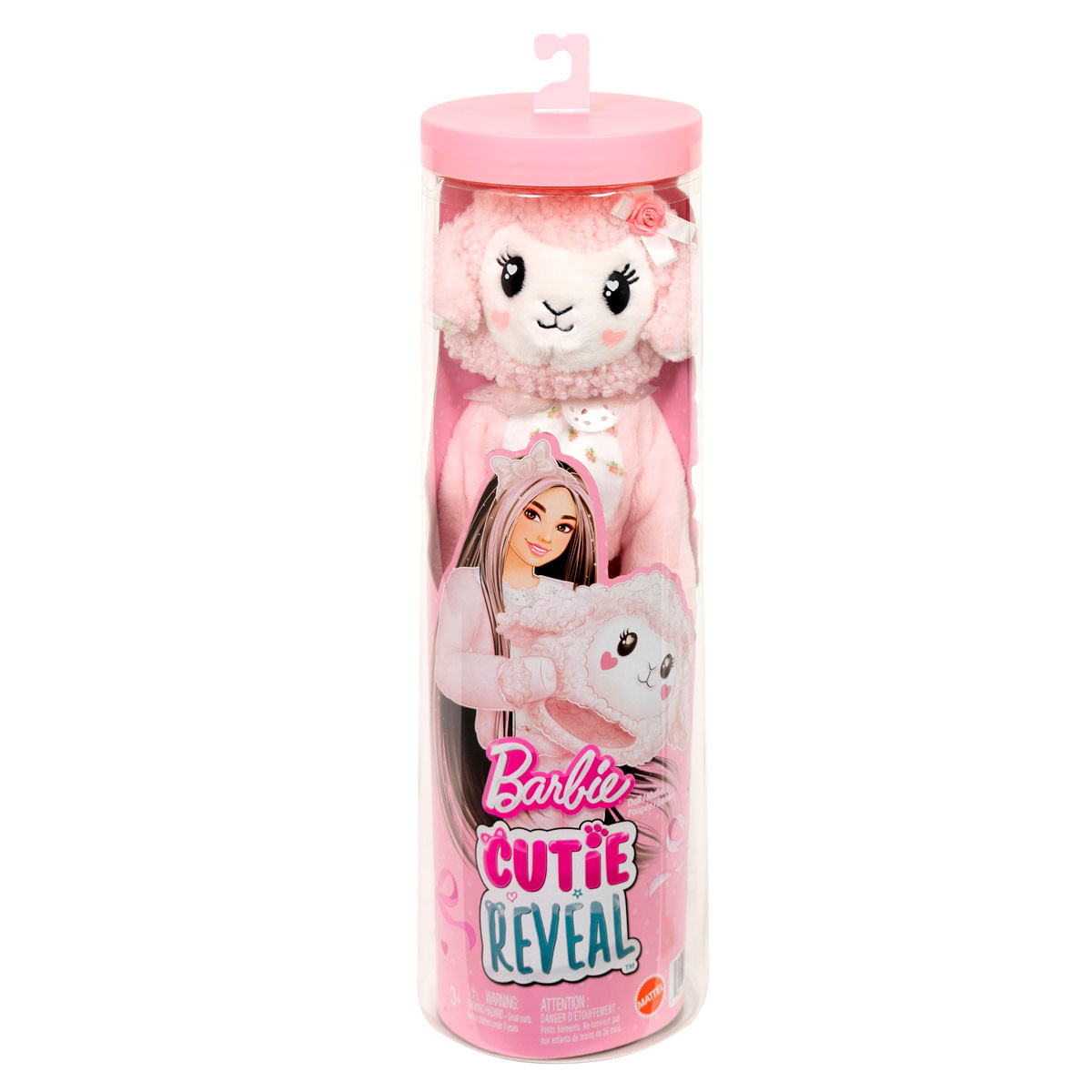 Muñeca pijama de cordero Barbie Cutie Reveal en embalaje rosa con logo Barbie.