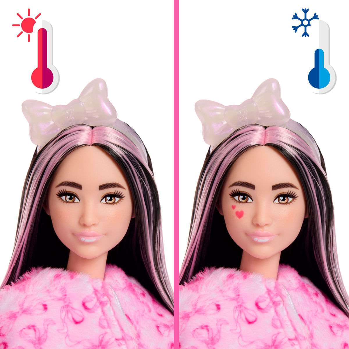 Muñeca Barbie con maquillaje que cambia de color; aparecen corazones con frío.
