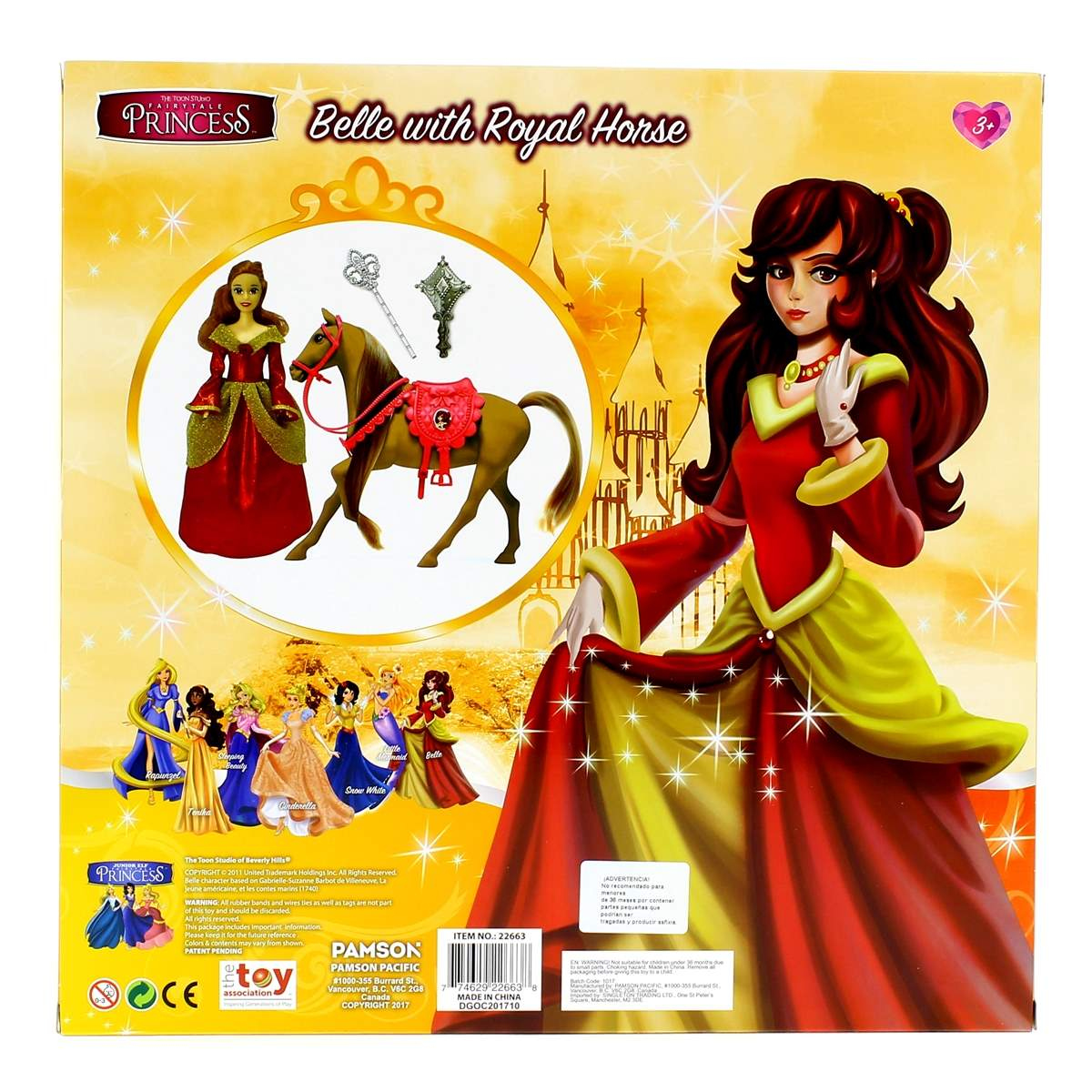 Embalaje para una línea de juguetes de princesas con Bella y un caballo.