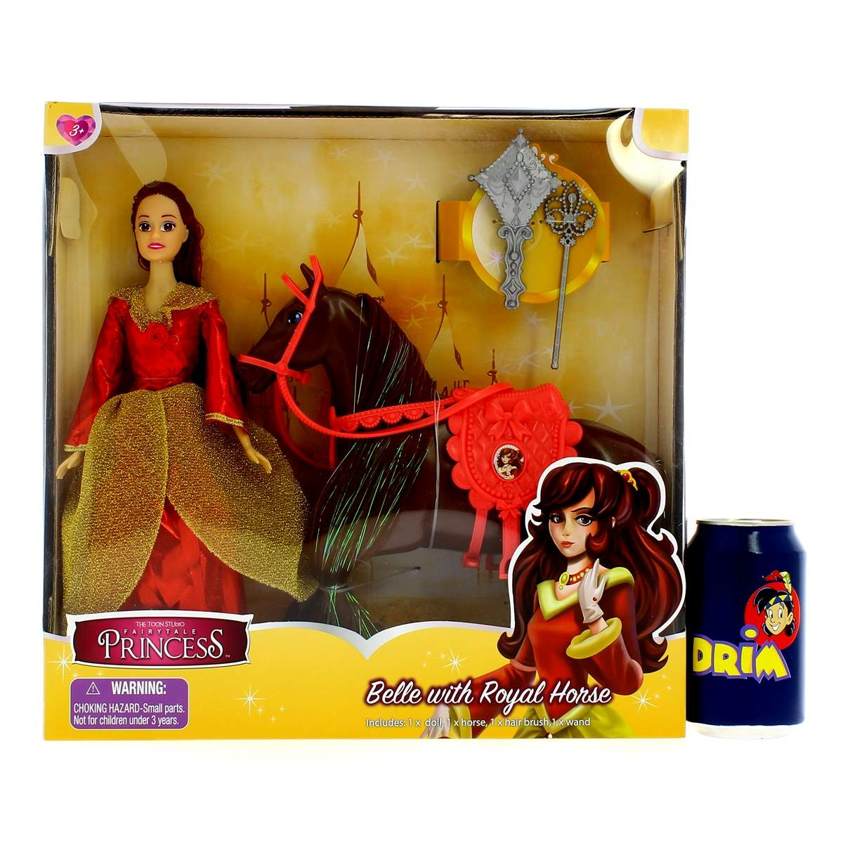 Un set de muñeca con muñeca de princesa, caballo marrón y accesorios en caja.