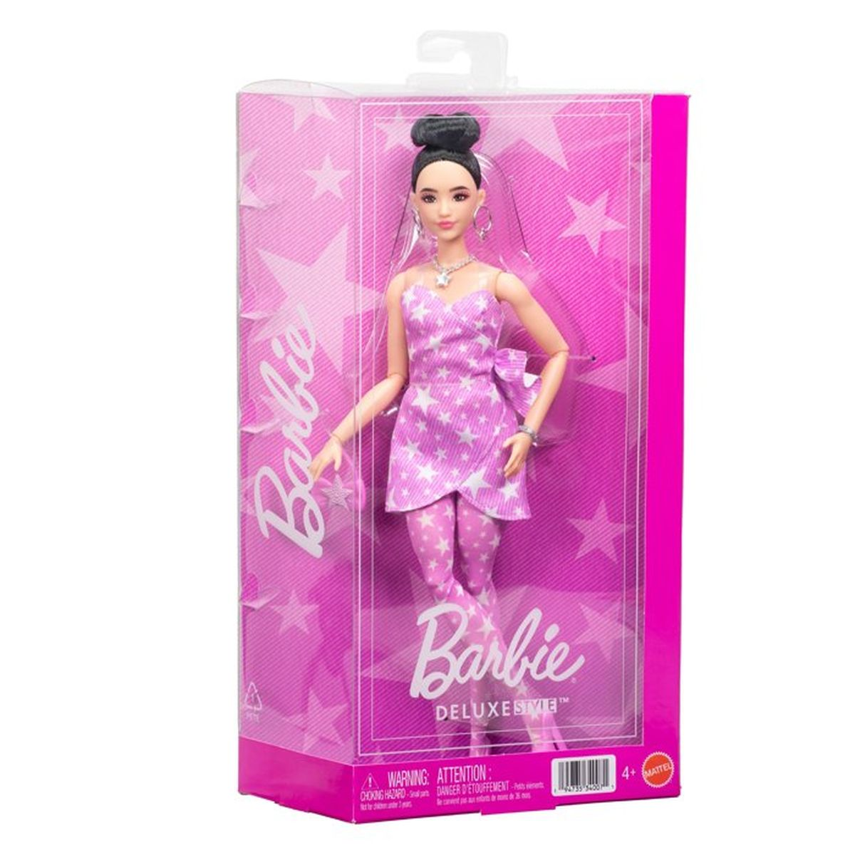 Muñeca Barbie con atuendo rosa de estrellas en caja Barbie.