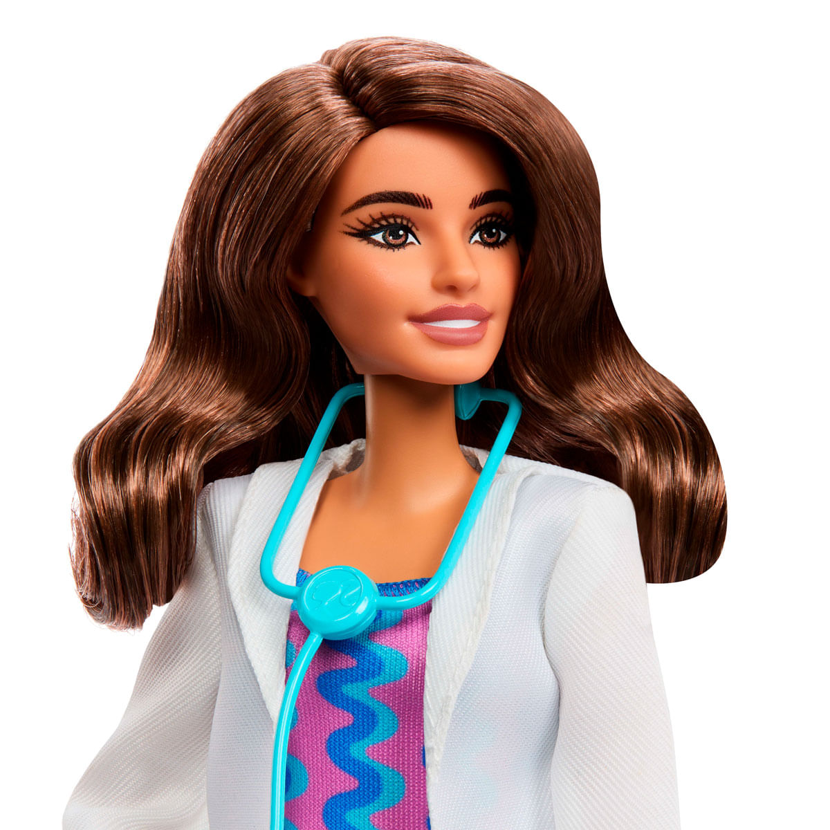 Muñeca Barbie con pelo castaño, bata blanca y estetoscopio.