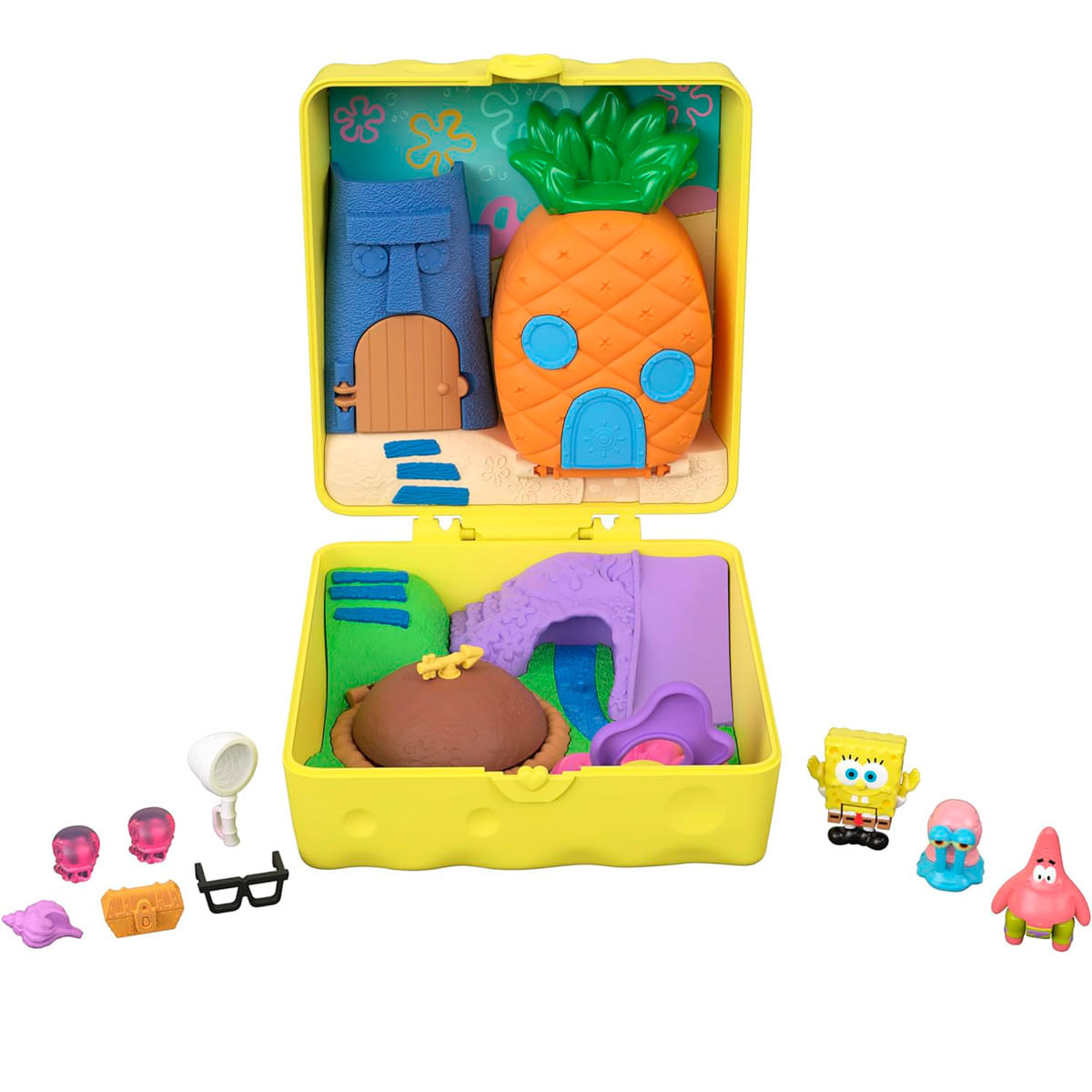 Juguete de Bob Esponja: estuche amarillo abierto, con casas de piña y piedra, y figuras.